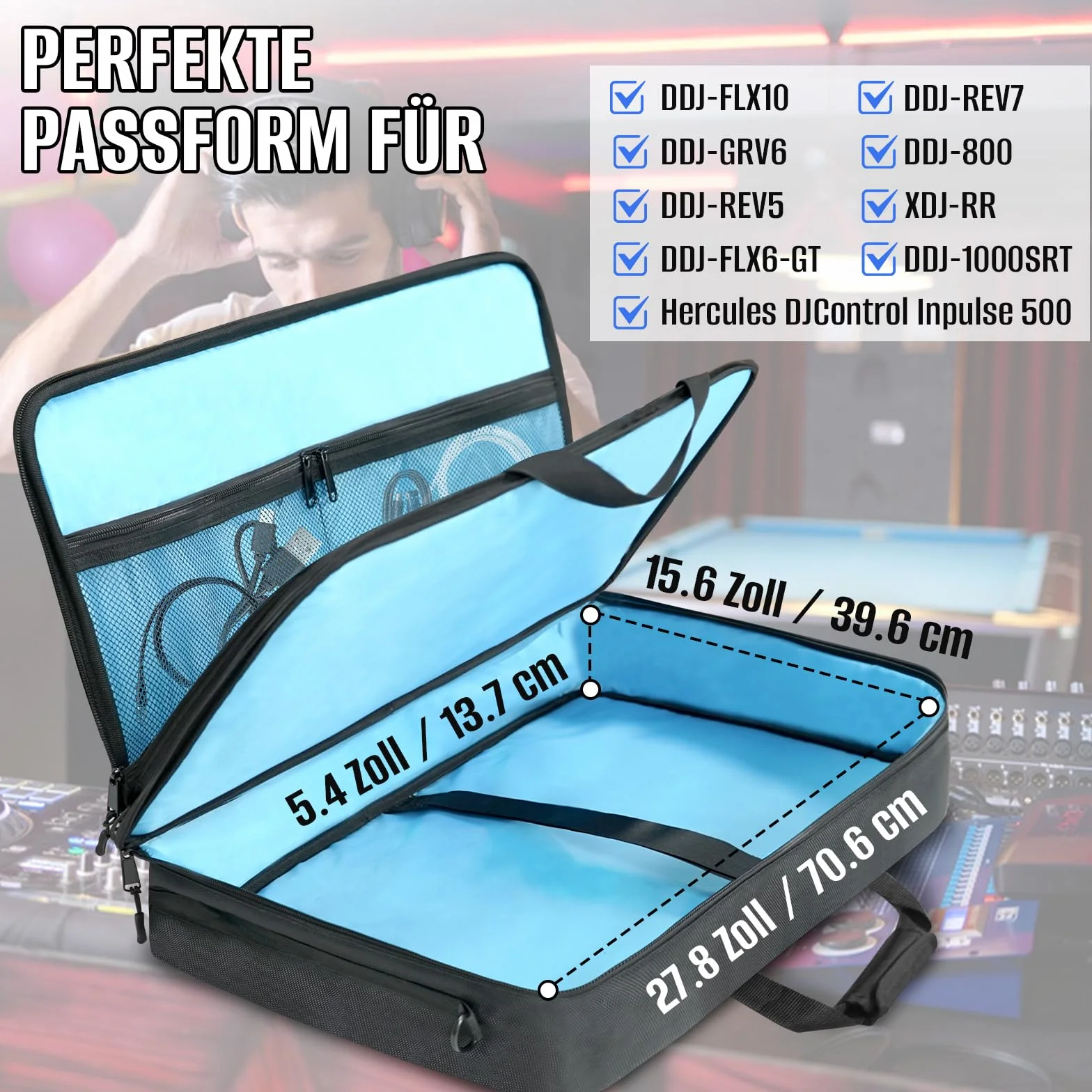 SUNDOY Custodia per DJ compatibile con controller Pioneer – Custodia per il trasporto antiurto con tracolla e scomparti per accessori, Nero, 72x41x15-CM, Tessuto impermeabile