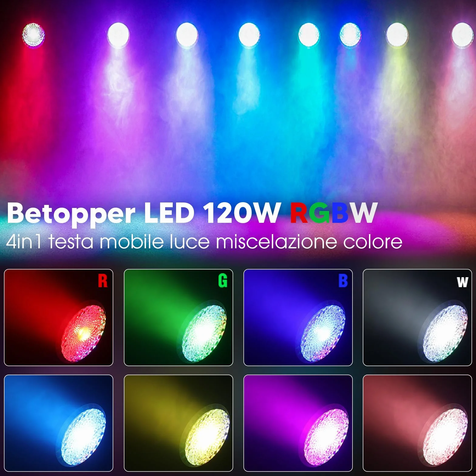 Betopper 120W Teste Mobili 4 in 1 Luci Discoteca Demon's Eye COB DMX512 Control Luci da palco Luce da palcoscenico per Matrimonio DJ Party Live Band Mostra