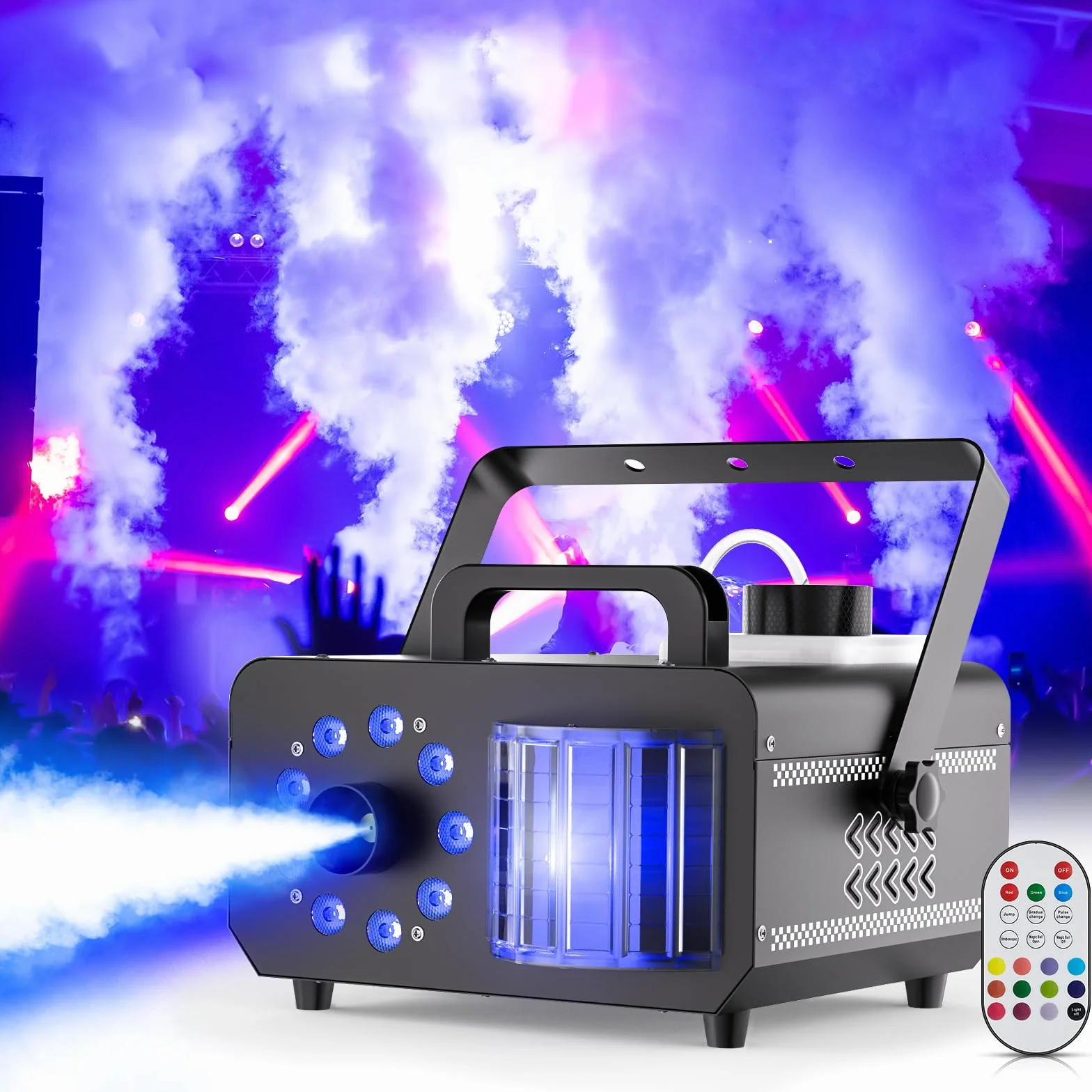 Macchina del Fumo da 1200W con Telecomando, 9 LED RGB Effetti Luce Fascio Discoteca 14 Colori Macchina della Nebbia Stroboscopica per DJ Halloween Matrimonio Natale Palcoscenico