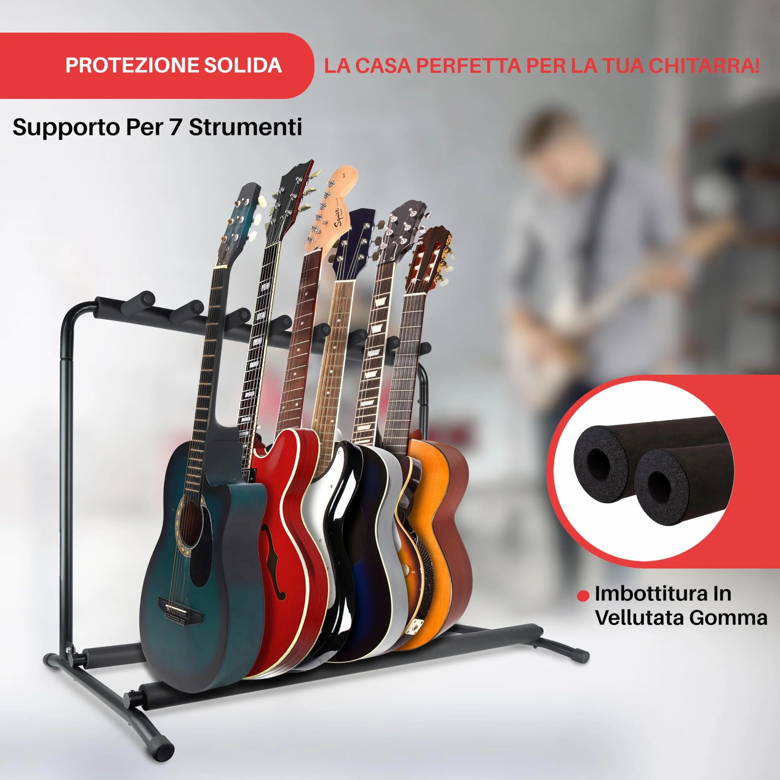 Pyle Supporto Chitarra a 7 Livelli e Pieghevole Universale, Porta Chitarra da Terra, Stand Chitarra, Poggia Chitarra, Guitar Stand con Fodera Antiscivolo in Gomma, Nero