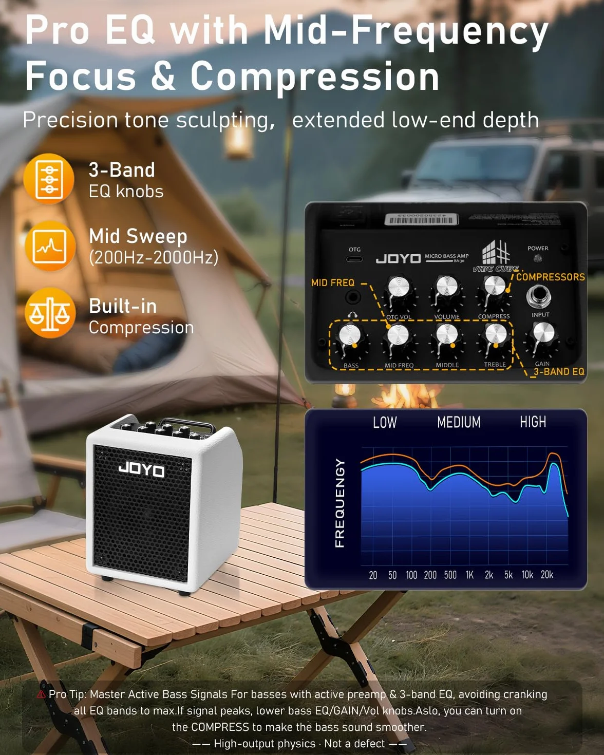 JOYO Amplificatore combinato da 30 W, amplificatore portatile da 4 pollici con EQ a 3 bande e compressore | Bluetooth 5.1 + registrazione diretta OTG | Pratica con cuffie per bassisti, concerti