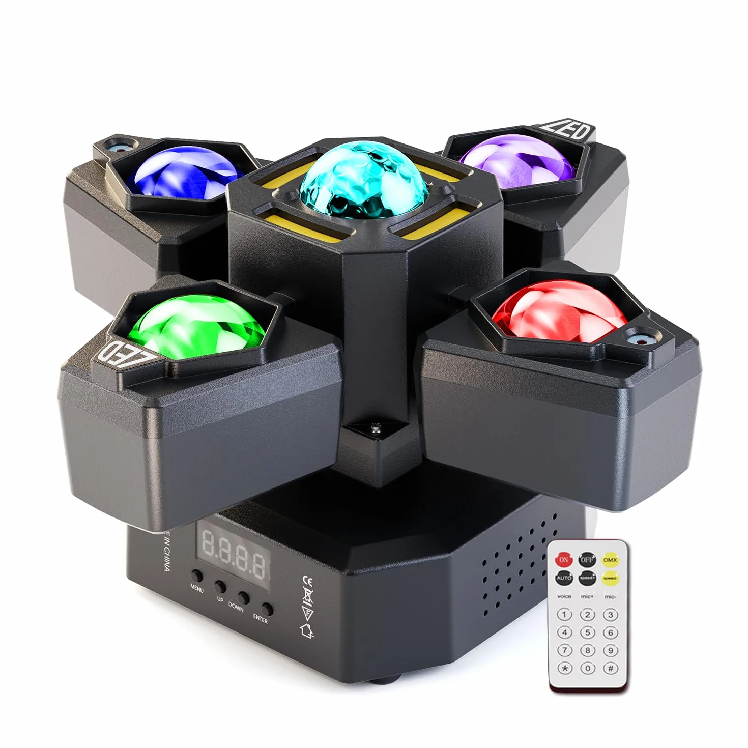 1 PCS 120W Teste Mobili Luce DJ Luci da Discoteca,LED RGBW DMX512 4 IN 1 Canali Stage Light,4 Bracci Palco Luce di Scena con Telecomando,Effetti Stroboscopio per DJ Bar Festa Club Matrimonio Palco