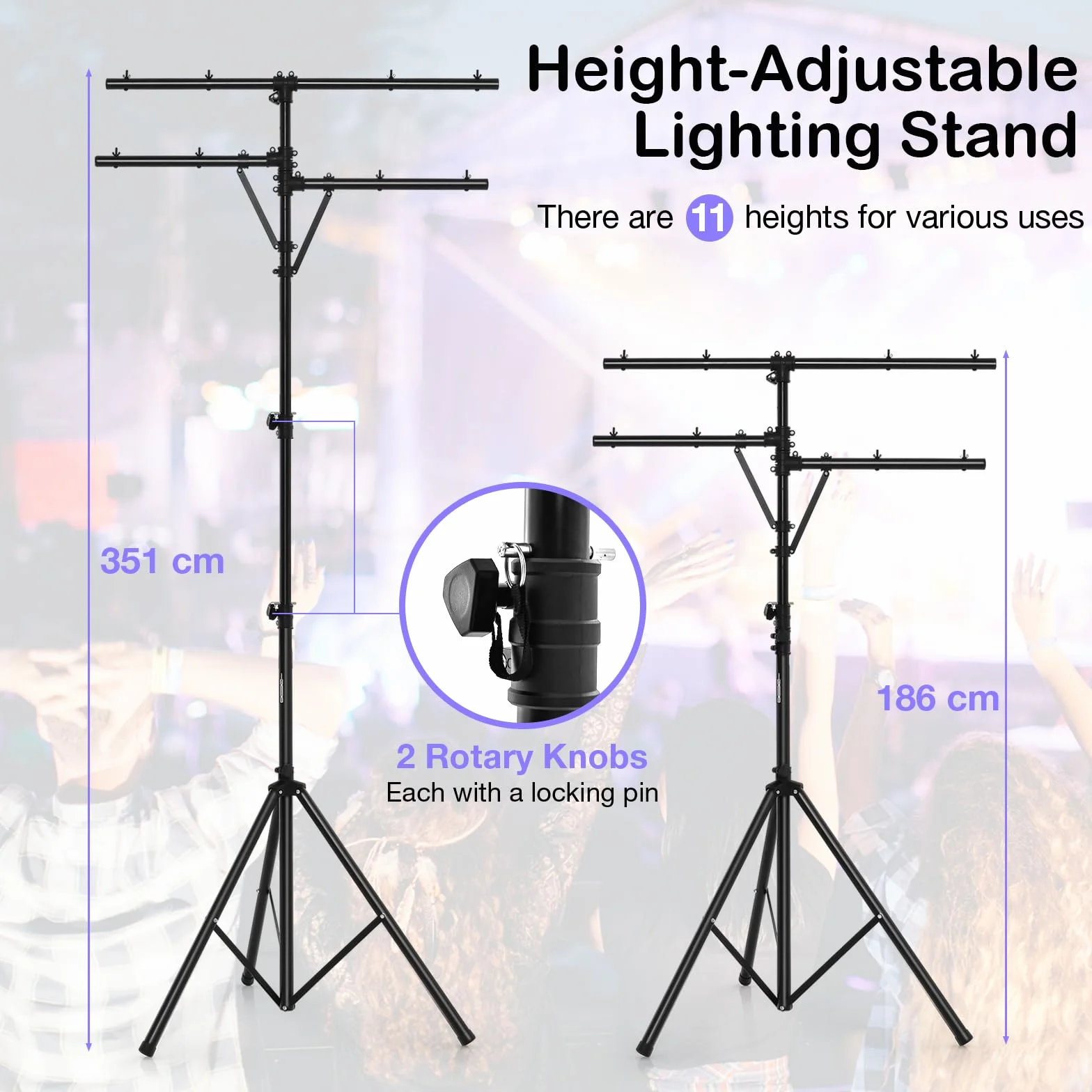 SOARS Stativo Luci DJ, Treppiede Supporto Luce, Altezza Regolabile 186-351 CM, 8 Punti di Fissaggio, Carico Massimo 45 KG, Piedi Stabili, per Concerto, Serata, Bar