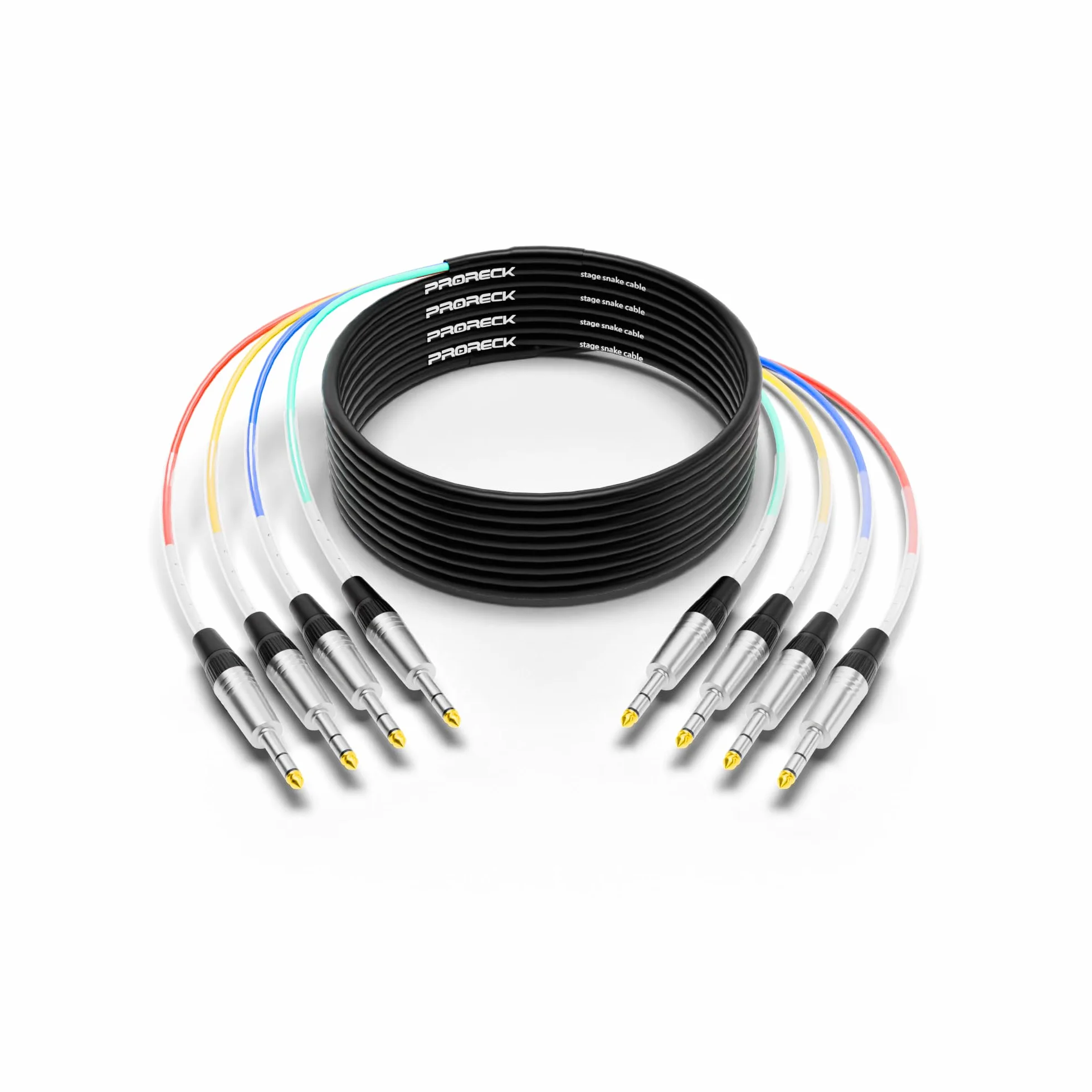 PRORECK Cavo a serpente da 7,6 m, cavo audio schermato a 4 canali, TRS da 1/4" a TRS da 6,35 mm, con connettori contrassegnati a colori per palcoscenico professionale, studio e live (PR-TRS/TRS-4 x