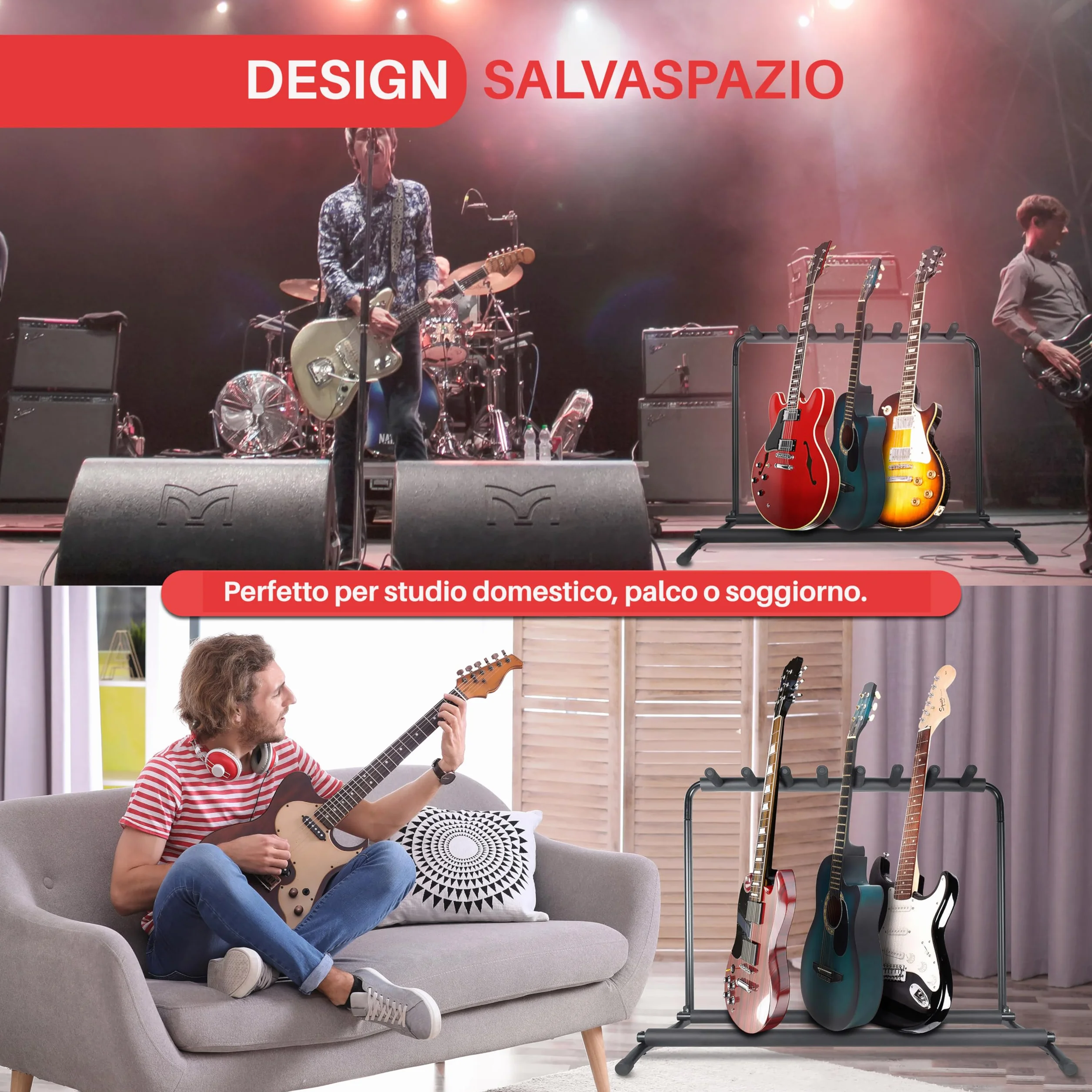 Pyle Supporto Chitarra a 7 Livelli e Pieghevole Universale, Porta Chitarra da Terra, Stand Chitarra, Poggia Chitarra, Guitar Stand con Fodera Antiscivolo in Gomma, Nero