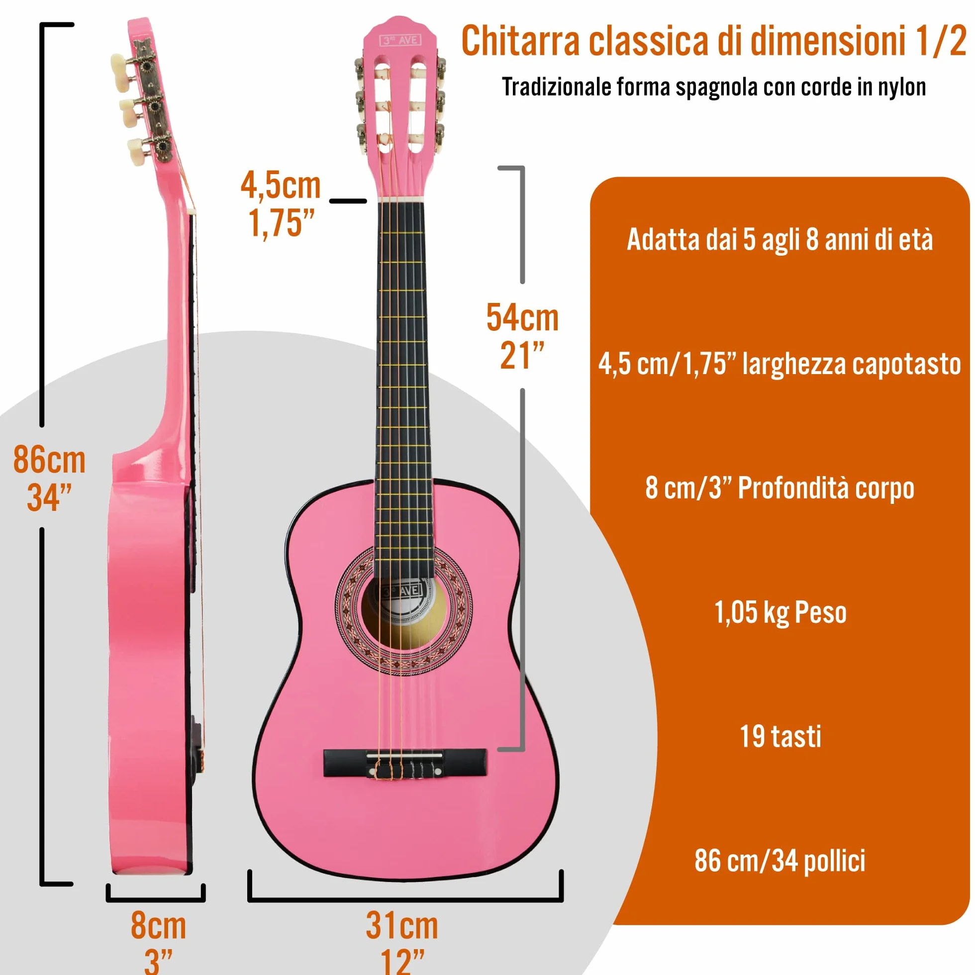 3rd Avenue Pacchetto Per Principianti Con Corde In Nylon Spagnole Per Chitarra Classica Da 1/2 Misura Per Bambini – 6 Mesi Di Lezioni Gratuite, Borsa, Corde – Rosa