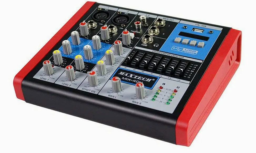 Vetrineinrete® Mixer audio 4 canali con equalizzatore e display led suono Mp3 usb Rca ingresso microfoni XLR alimentazione phantom 48v DJ musica MIX-4CH G39