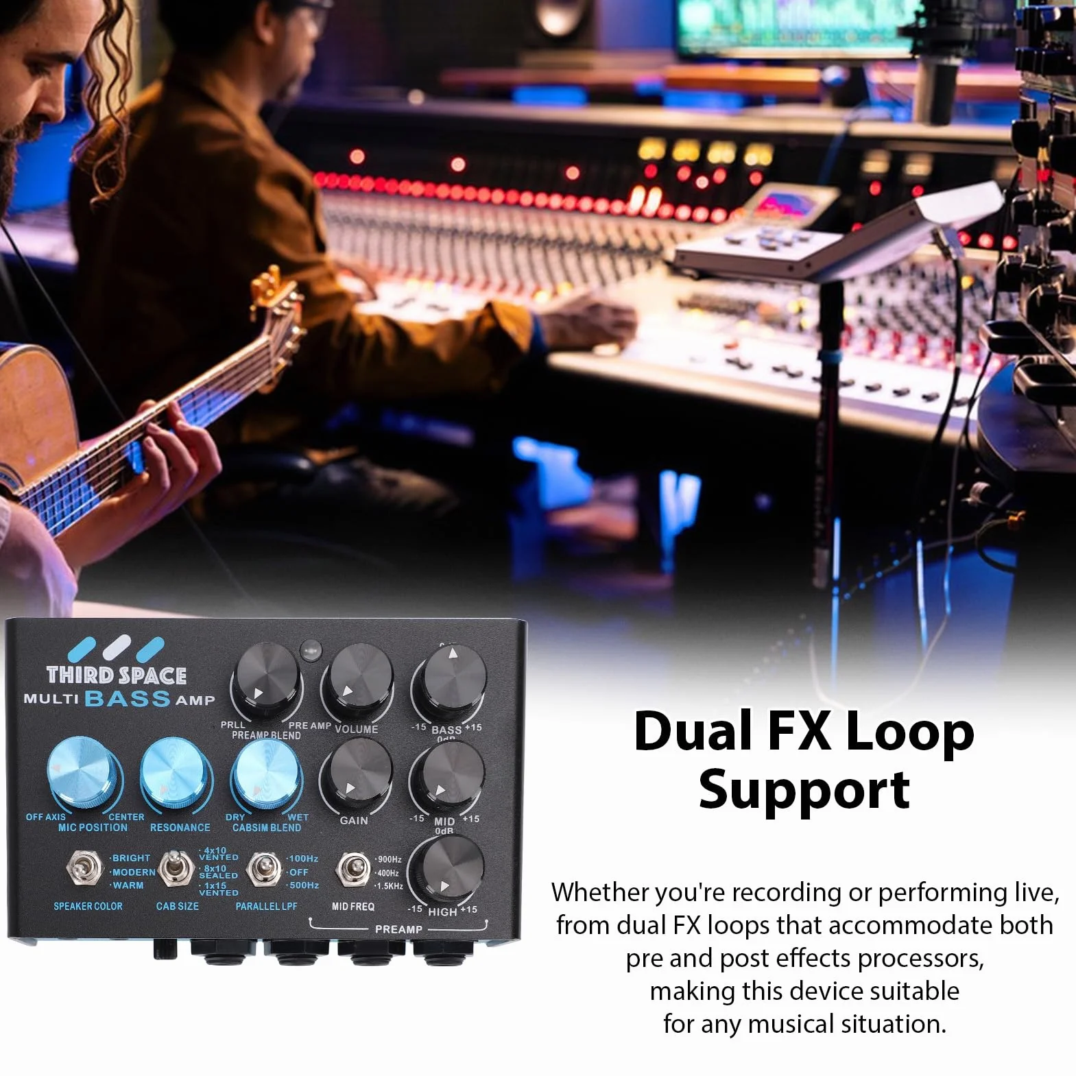 Fockety Pedale Effetti per Basso, Preamplificatore Professionale con Controllo Medio Semi Parametrico EQ a 3 Bande, Catena di Segnali Parallela, Simulatore di Cabina per Basso, Doppi