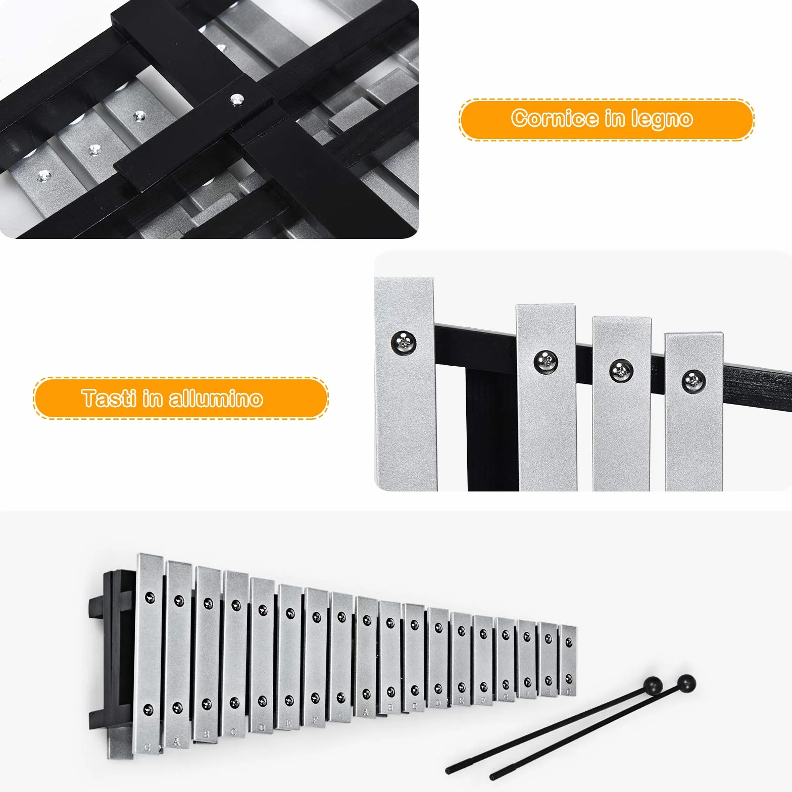 GOPLUS Xilofono con 30 Tasti, Metallofono Pieghevole con Borsa, Strumento Musicale a Percussione con Cornice di Legno, Perfetto per Studenti, Principiante e Amanti della Musica, Nero e Argento
