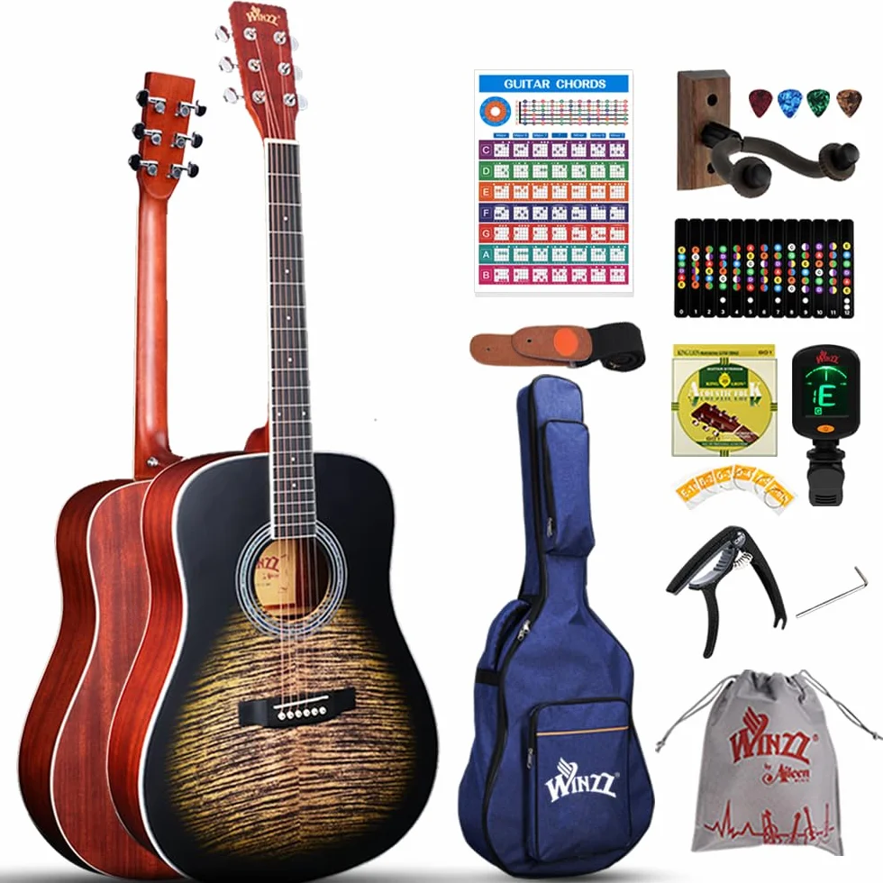 Winzz 4/4 Chitarra acustica full size timbrata Chitarra Folk Adulti Principianti Chitarra a corde d'acciaio Nero