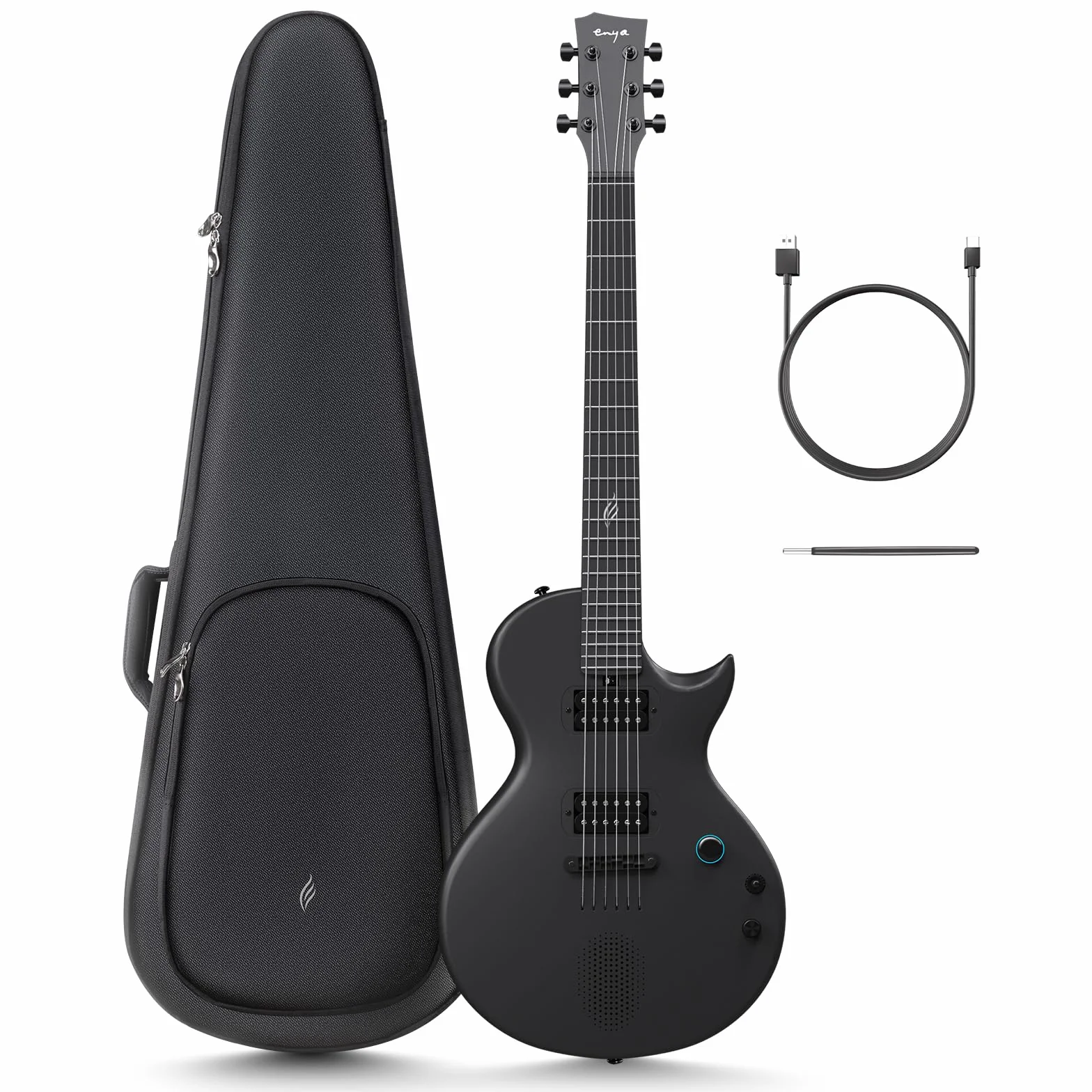 Chitarra Elettrica Enya Nova-Go Sonic - Chitarra Nera Intelligente in Fibra di Carbonio con Altoparlante Wireless da 10 W, Preimpostazioni Integrate, Cavo di Ricarica, Chiave di Regolazione
