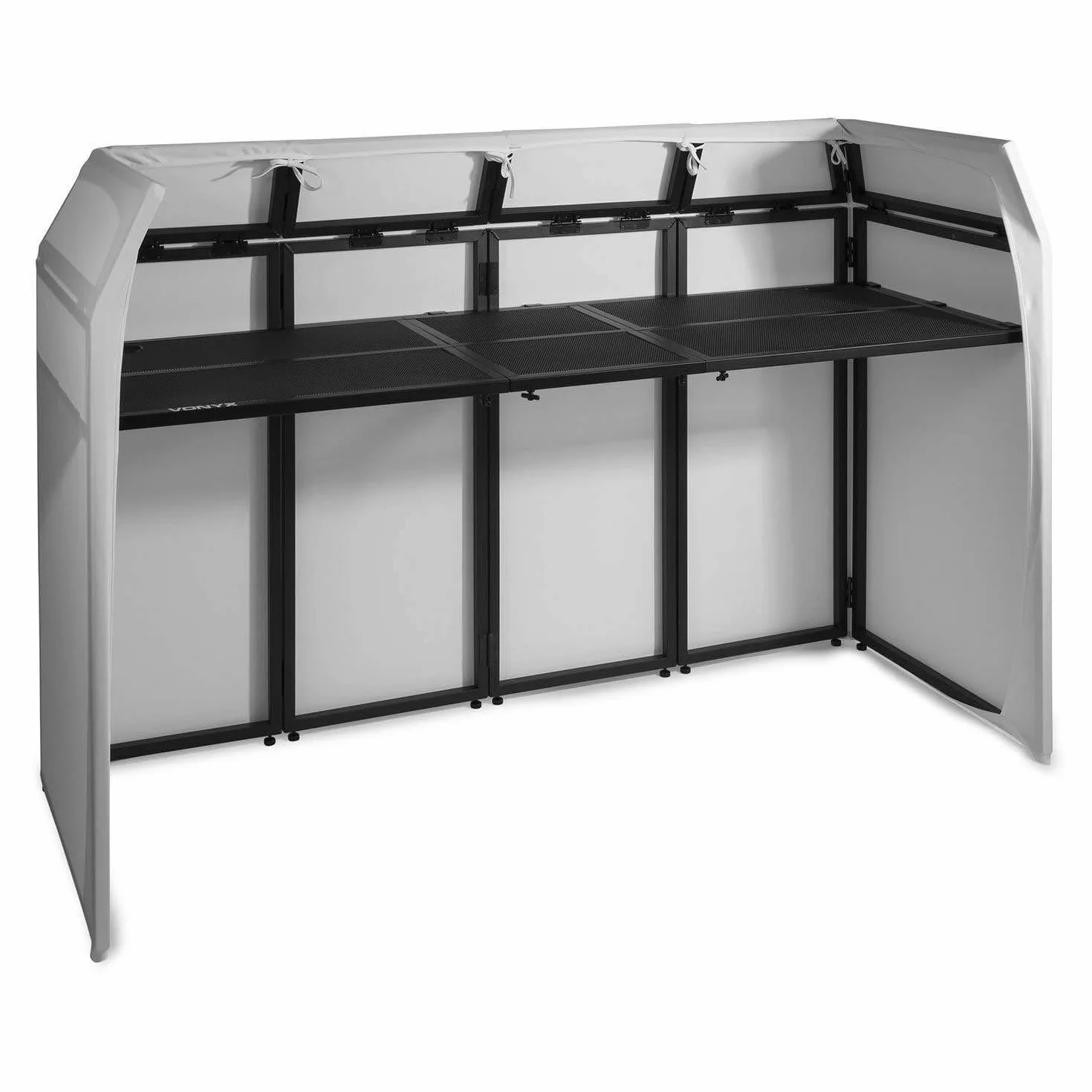Vonyx DB5 Pro DJ Booth DJ Stand DJ - Tavolo da DJ, Pieghevole, in Alluminio, con Copertura Bianca e Nera, Materiale di Copertura: Lycra, Borsa inclusa, Carico Massimo: 80 kg