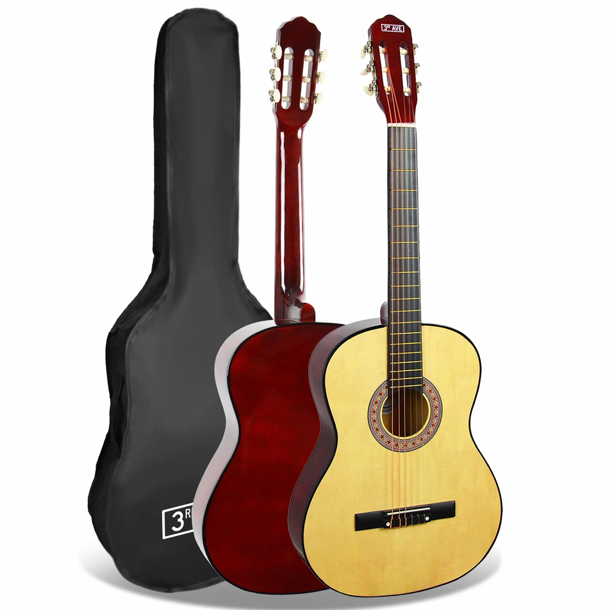 3rd Avenue Chitarra classica spagnola livello beginner di dimensioni standard 4/4 3rd Avenue con corde in nylon, e custodia da trasporto – Naturale