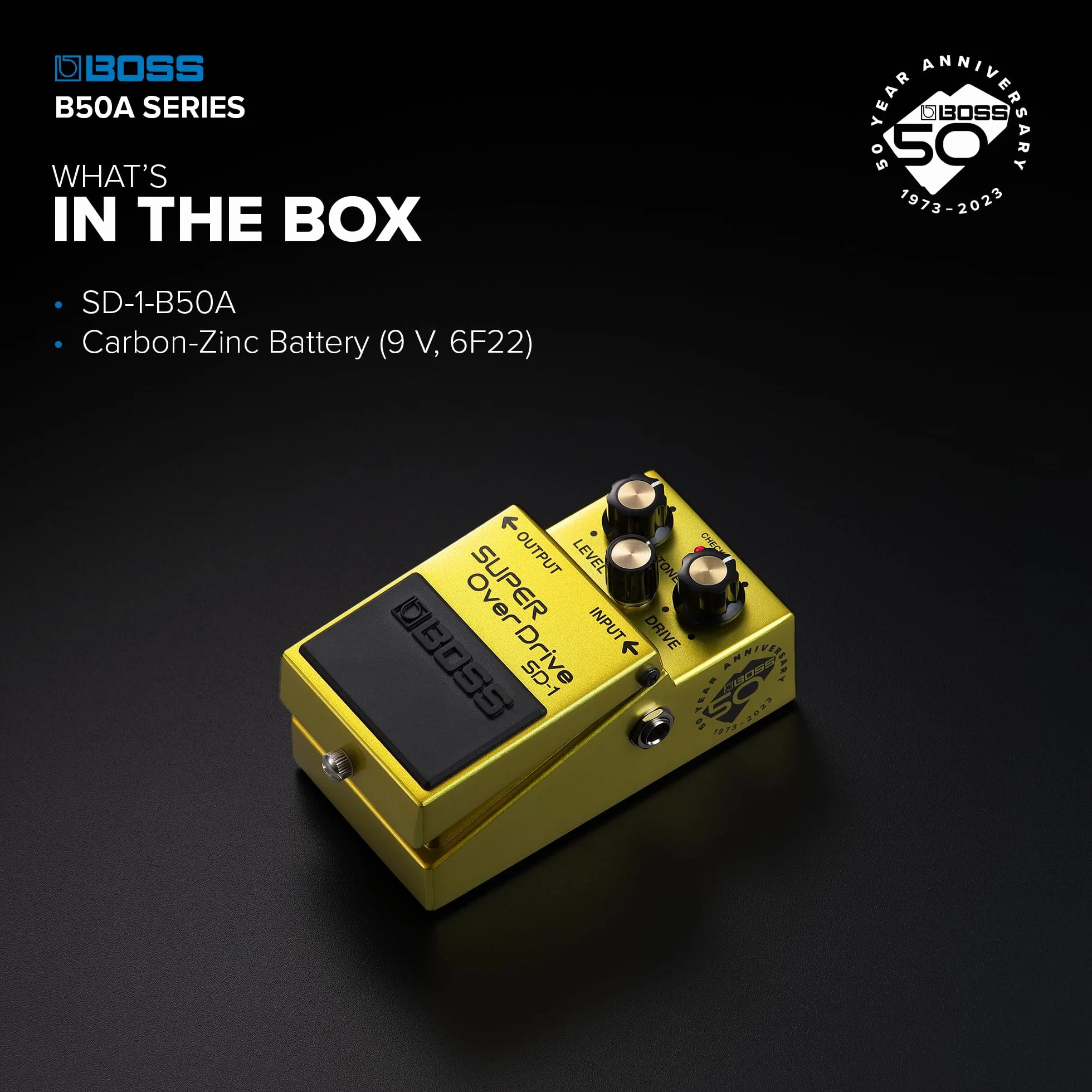 Pedale BOSS SD-1-B50A Super Overdrive | Pedale Compatto in Edizione Limitata per il 50° Anniversario | Finitura Metallizzata, Vite in Argento, Manopole Dorate ed Emblema del 50° Anniversario
