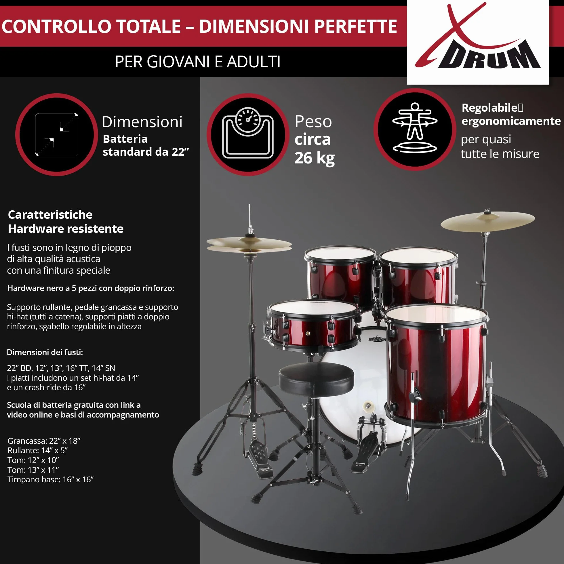 XDrum Rookie 22" Standard Set Batteria Completa Ruby Red - Ideale per Principianti - Hardware Elegante in nero - Incl. Bacchette 5B, Istruzioni di Montaggio e Scuola di Batteria - Rosso