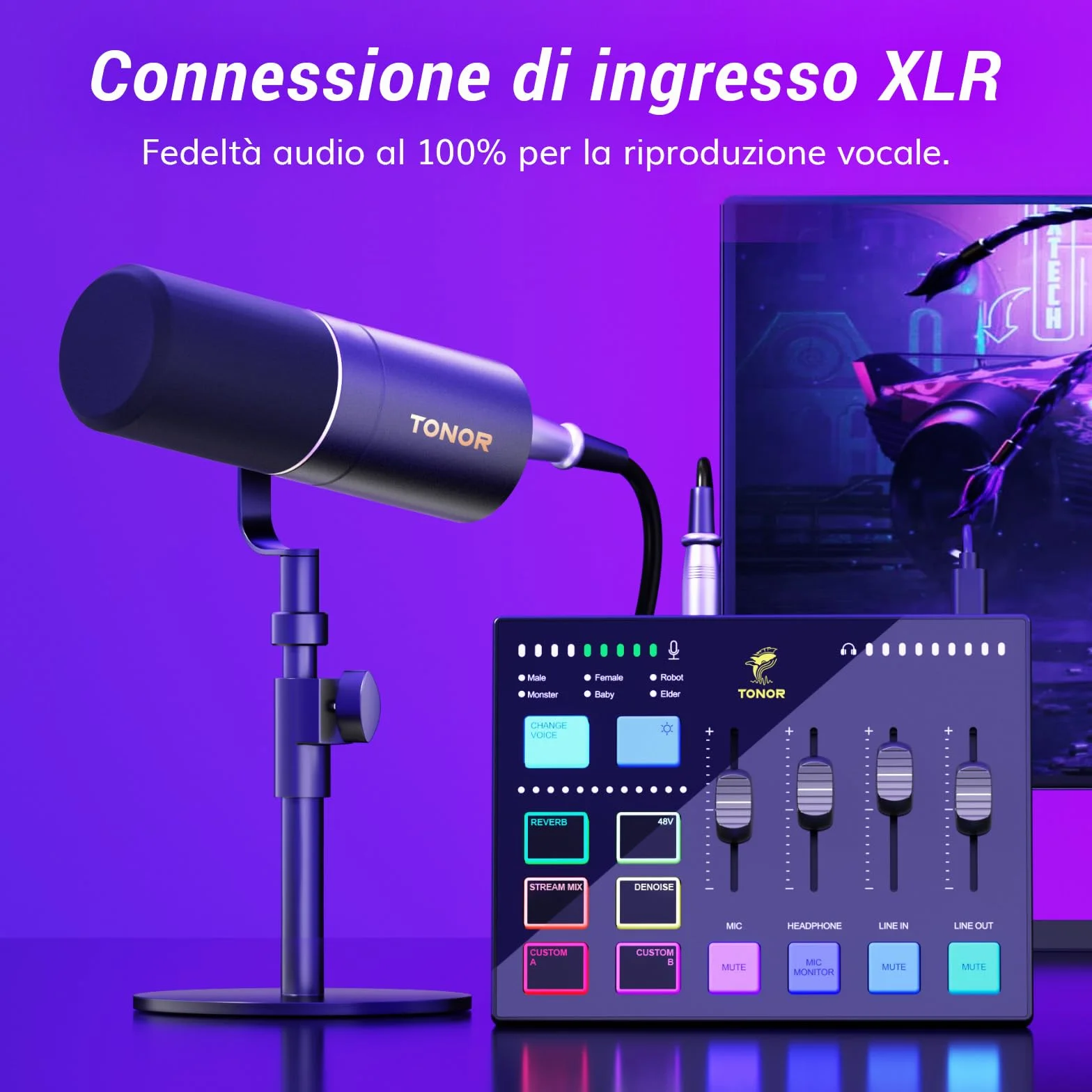 TONOR Gaming Mixer Audio PC, Mixer RGB con Canale XLR e 6,35 mm per Streaming, Podcast, Registrazione, Interfaccia Audio per TikTok, Youtube, Twitch, Controllo del Volume Individuale, Pulsante Mute
