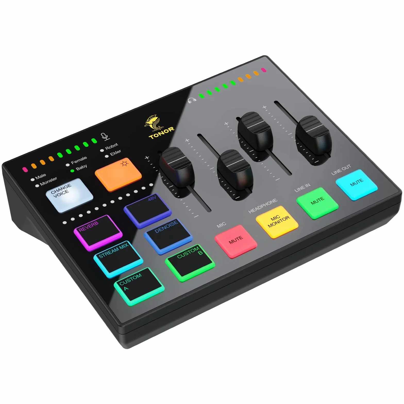 TONOR Gaming Mixer Audio PC, Mixer RGB con Canale XLR e 6,35 mm per Streaming, Podcast, Registrazione, Interfaccia Audio per TikTok, Youtube, Twitch, Controllo del Volume Individuale, Pulsante Mute