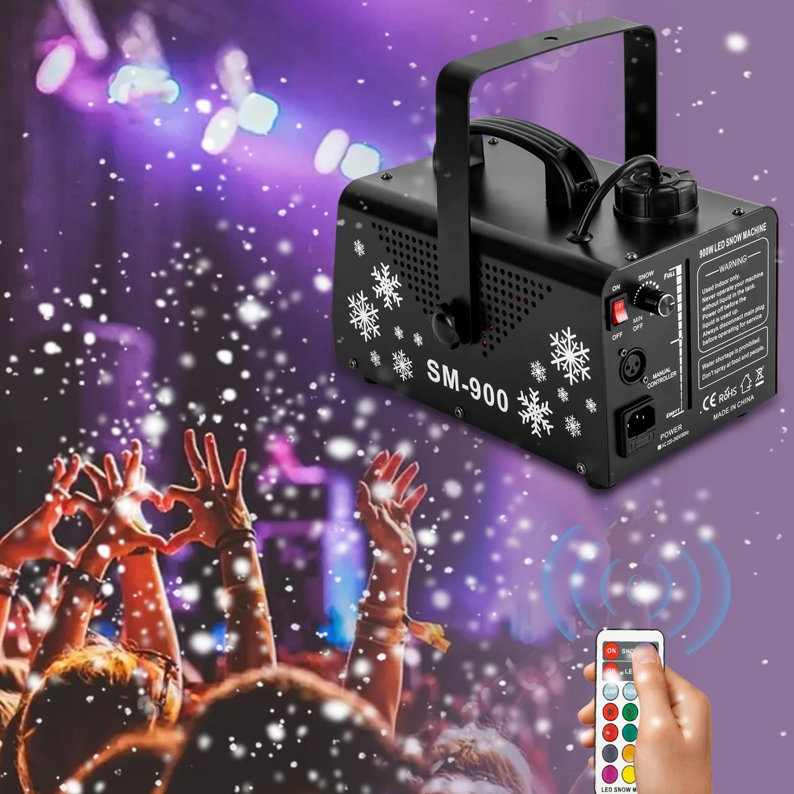 Macchina da neve da 1200 W con telecomando, portatile, macchina per effetti, luci LED RGB per Halloween, Natale, feste, ecc