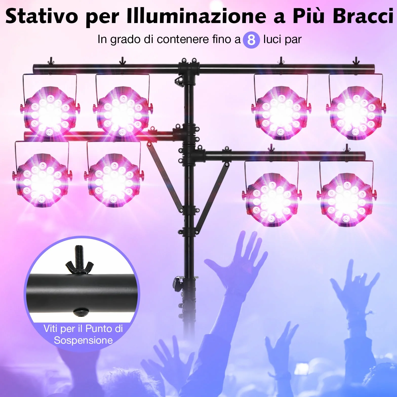 GYMAX Supporto Luci, con Traversa e Base a Tre Gambe, Fino a 8 Luci, Design Regolabile in Altezza, Materiale in Acciaio, 186-351 cm, Nero