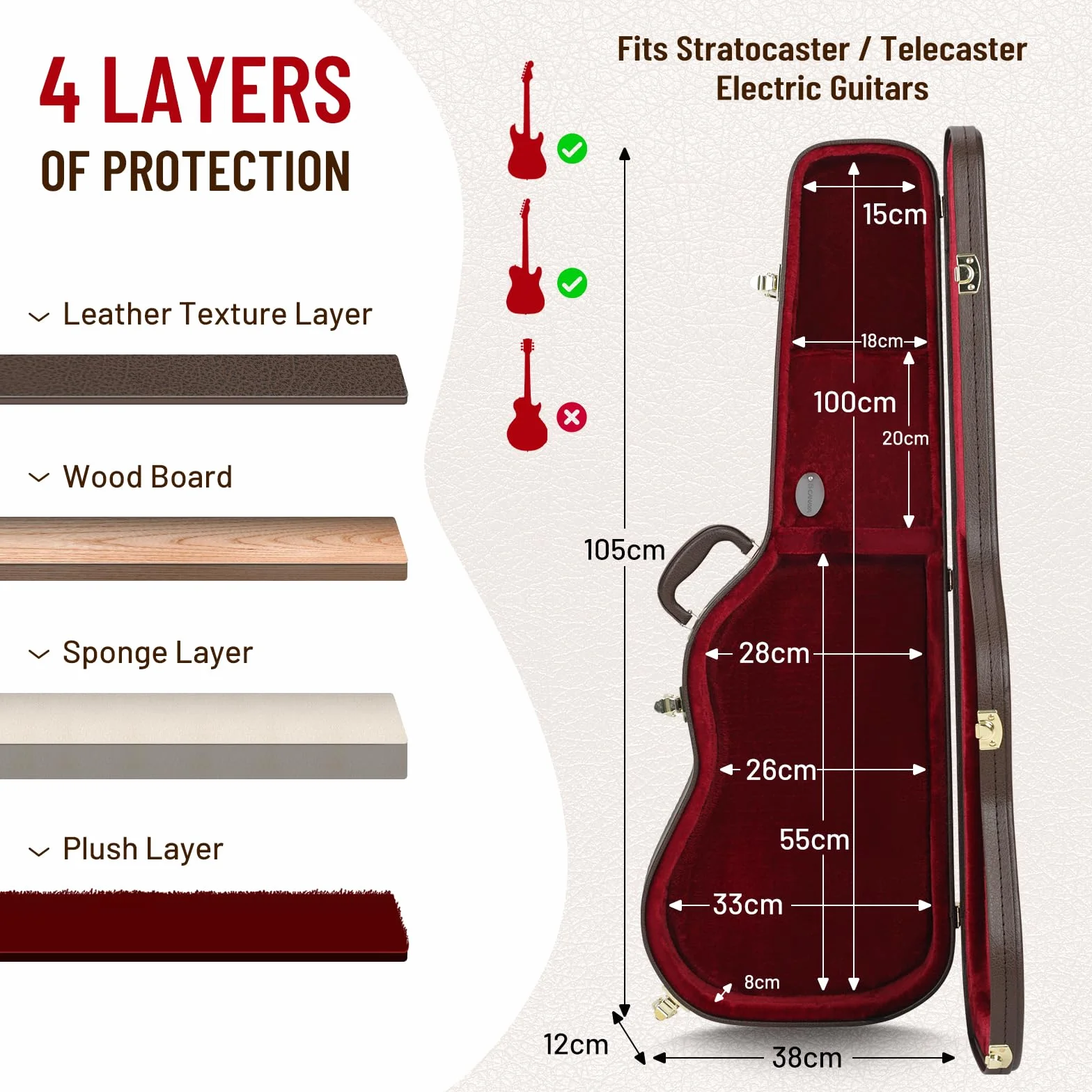 CAHAYA Custodia Rigida per Chitarra Elettrica: Brosa per Chitarre Elettriche ST Astuccio con Imbottitura Spessa di 25mm con Serratura e 2 Chiavi CY0343-1