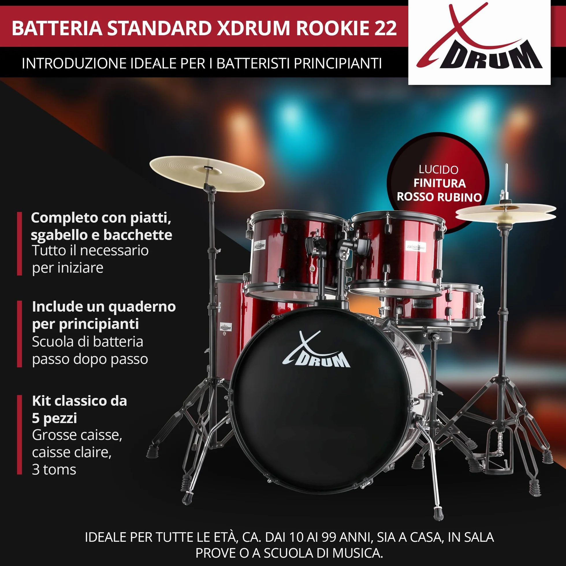 XDrum Rookie 22" Standard Set Batteria Completa Ruby Red - Ideale per Principianti - Hardware Elegante in nero - Incl. Bacchette 5B, Istruzioni di Montaggio e Scuola di Batteria - Rosso