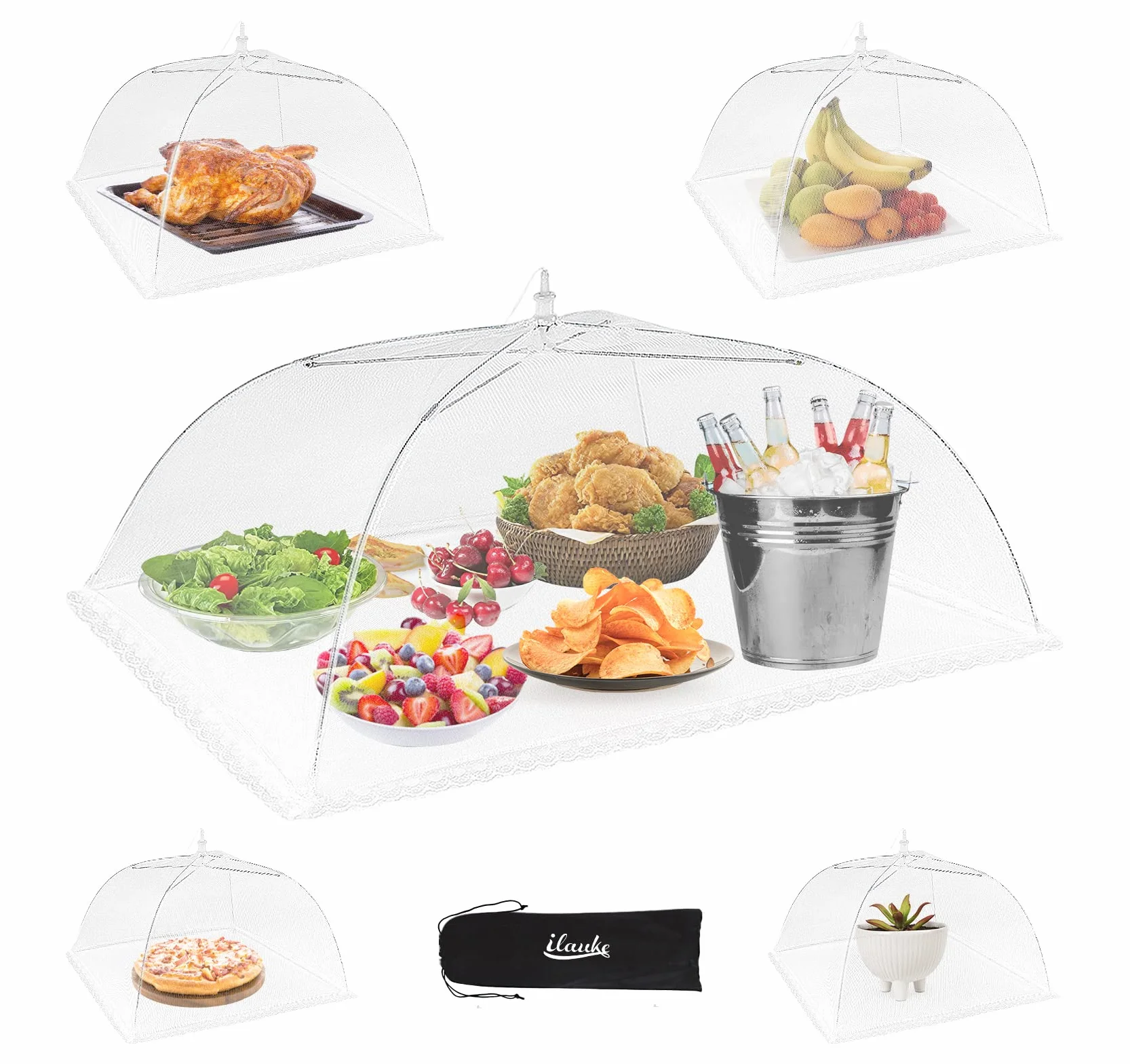 ilauke Coperture Coprivivande Pieghevole Extra Grande,100 x 60 cm, Anti Insetti Set 5pz Copertura in Rete per Alimenti 3 Misure Ideale per Cibi Protezione in Frutta Mangiare Barbecue Picnic, Bianco