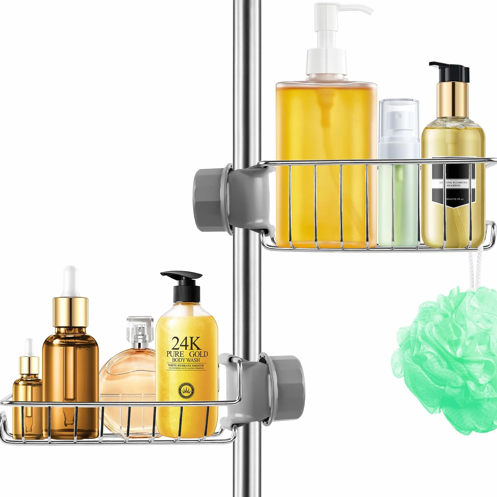 Mensola Doccia Senza Foratura 2 Pezzi Porta Shampoo Acciaio Inossidabile Argento per Asta 18mm-27mm