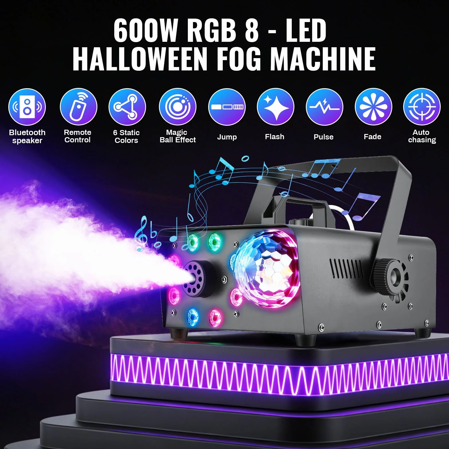 Macchina per fumo con Bluetooth,Sfera da discoteca luminosa e luci LED RGB, portatile altoparlanti Bluetooth con 9 LED luci controllabili, macchina per fumare DJ per Natale, festa, matrimonio, effetto