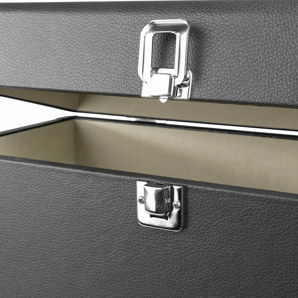 RC32 - Custodia per dischi in vinile, elegante e resistente, con morbida fodera in flanella, contiene 30-35 dischi, chiusura in metallo, cerniera e maniglia.