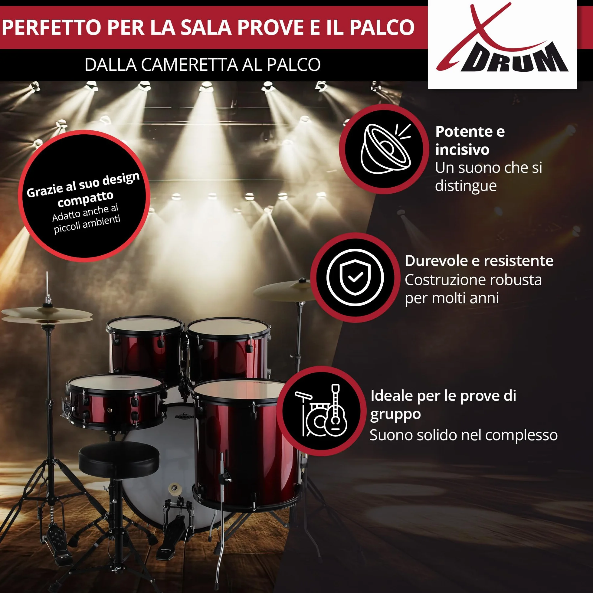 XDrum Rookie 22" Standard Set Batteria Completa Ruby Red - Ideale per Principianti - Hardware Elegante in nero - Incl. Bacchette 5B, Istruzioni di Montaggio e Scuola di Batteria - Rosso