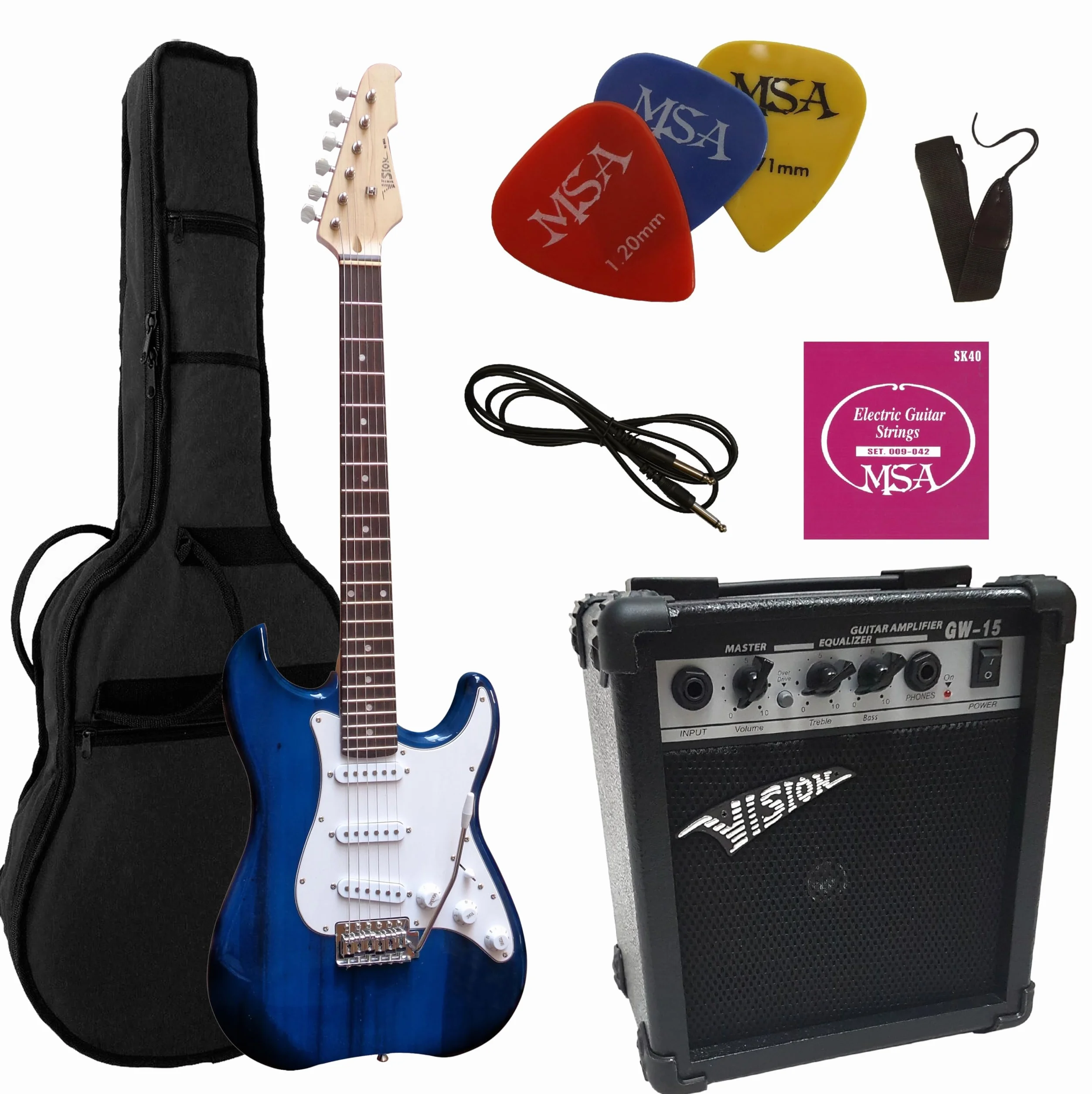 CHITARRE ELETRICHE BLU TRASPARENTE - CHITARRA ELETTRICA BLU - SET CON AMPLIFICATORE DA 20WATT - BORSA - PLETTRO - CORDE - BIANCA SCURO TRASPARENTE