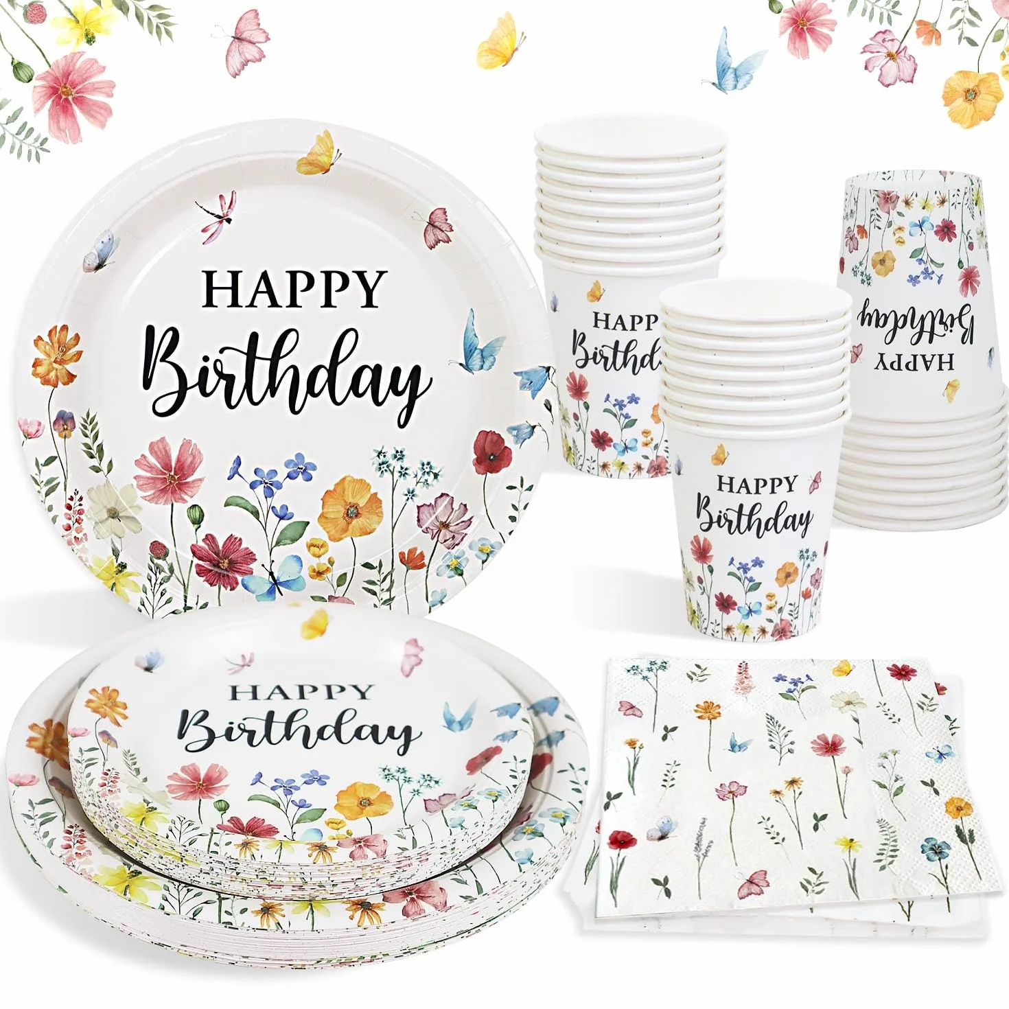 Stoviglie per Feste Fiori di Campo 25 Ospiti 100pcs Piatti Bicchieri Tovaglioli Set Decorazioni