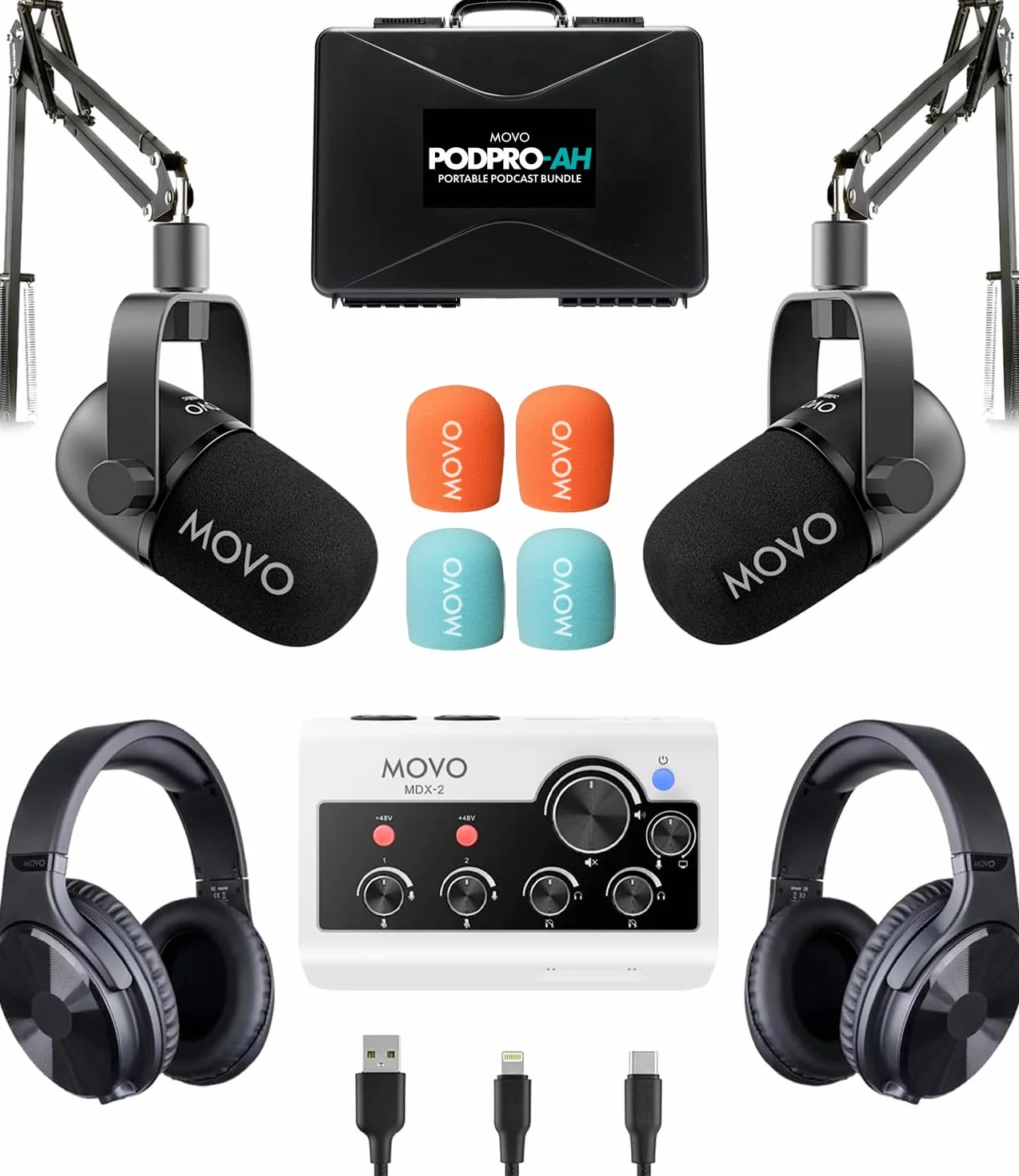 Movo Set di attrezzature per podcast portatili per telefoni iPhone/Android, kit podcast con interfaccia audio, 2 microfoni dinamici CastMic, 2 cuffie, 2 bracci a braccio, per smartphone, computer, PC