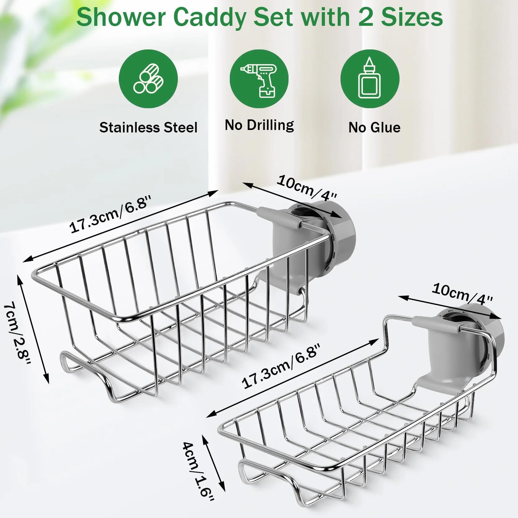 Mensola Doccia Senza Foratura 2 Pezzi Porta Shampoo Acciaio Inossidabile Argento per Asta 18mm-27mm