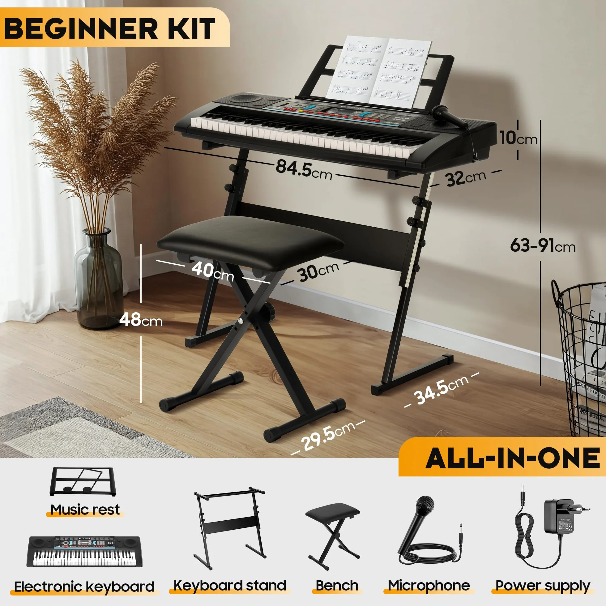 CAHAYA Tastiera Musicale 61 Tasti - Set di Pianoforte Elettrico per Principianti con Supporto, Sgabello, 1 Microfono, Altoparlanti Integrati, 3 Modalità Didattiche, Tastiera Elettronica Portatile con