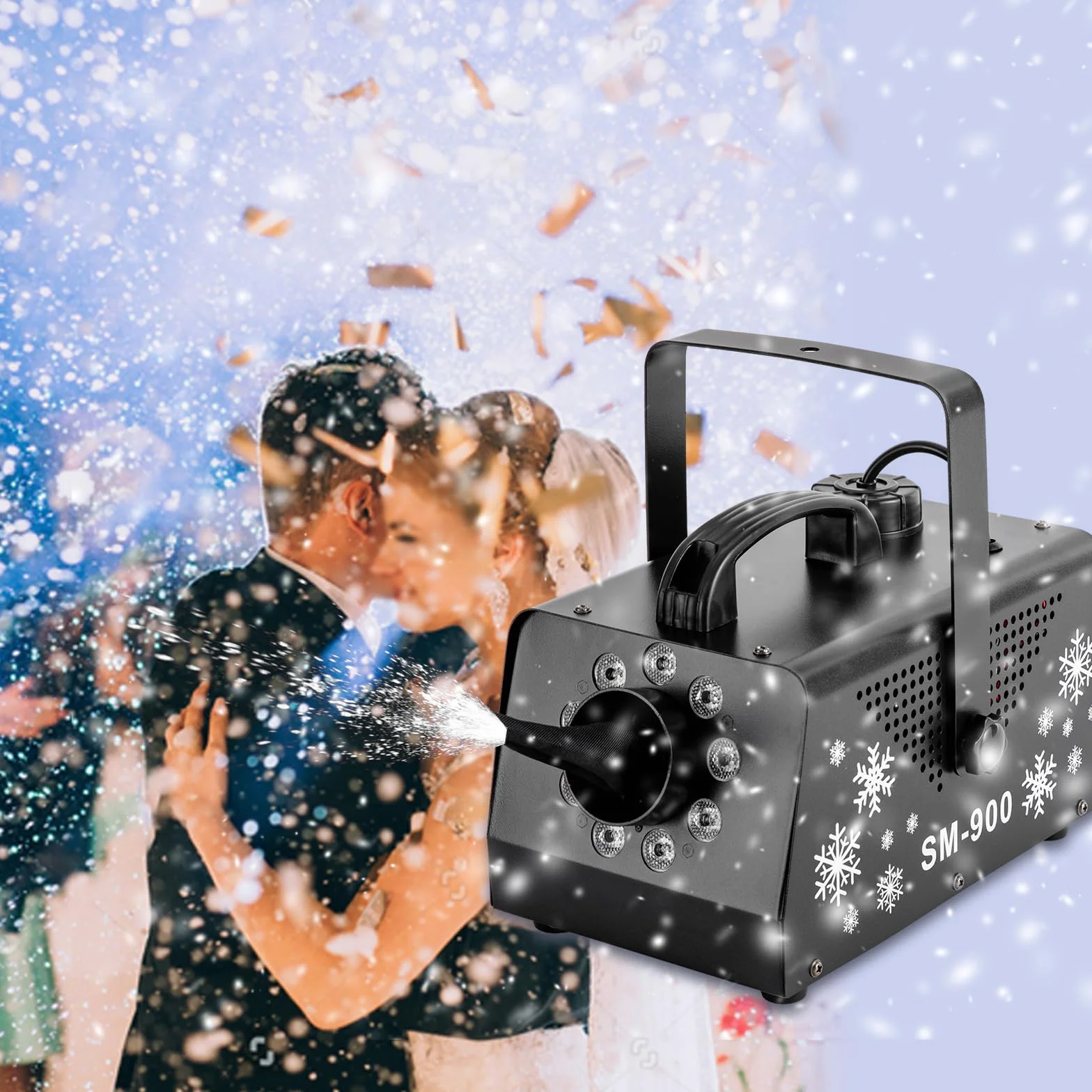 Macchina della neve con telecomando da 900 W - Cannone da neve portatile con 9 luci LED RGB, serbatoio da 1 litro, incluso gancio per Halloween, Natale, matrimoni, feste e palchi DJ 220-240V