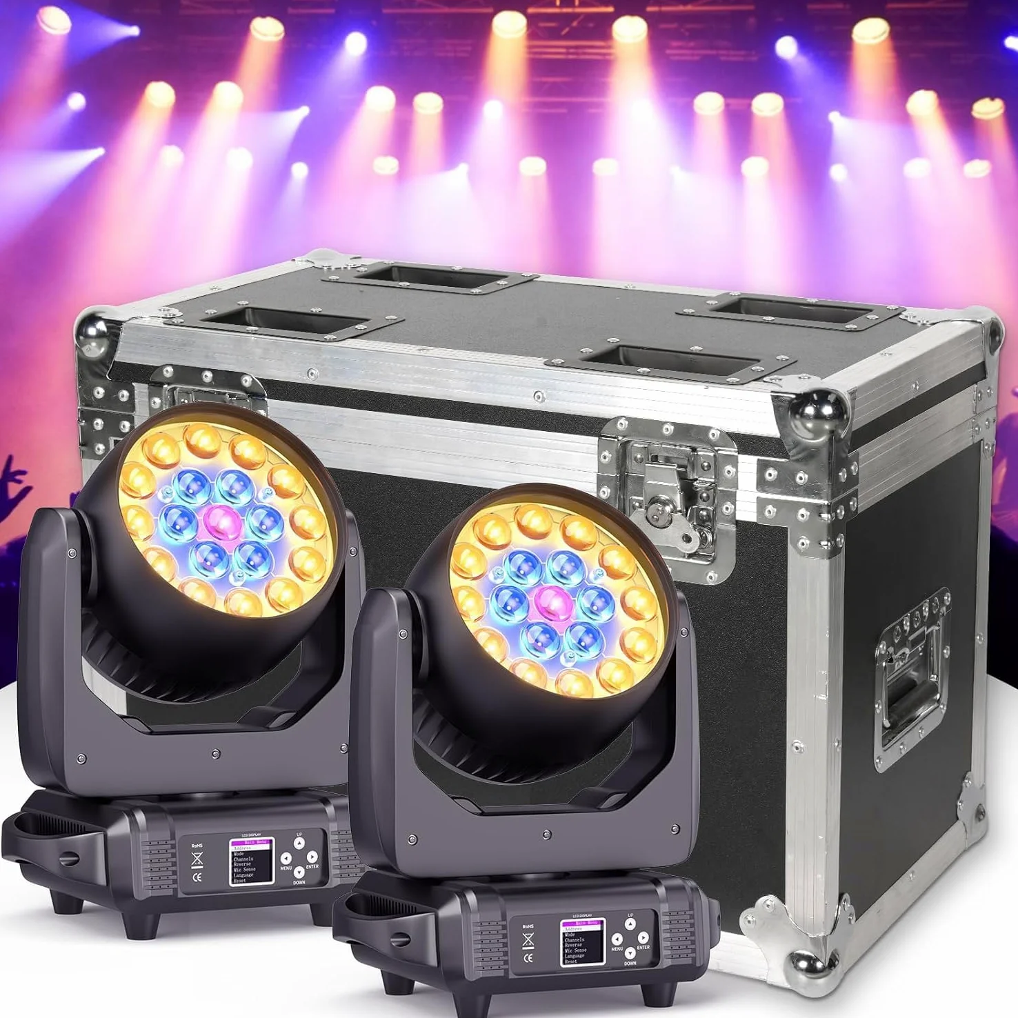 2 Pezzi con Flight Case 19x15W Teste Mobili LED Luci da Palco, 4 in 1 Luci da Palcoscenico, dmx512 Beam Zoom Luci da Discoteca professionale DJ luci per Festa, Matrimonio, Club e Spettacoli