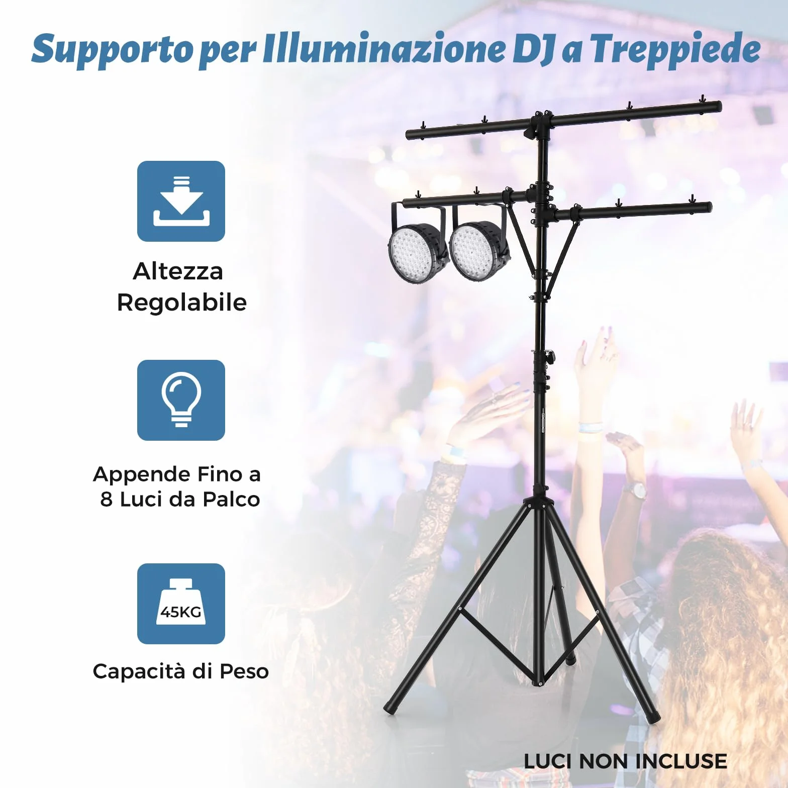 COSTWAY Supporto Luci Mobile DJ Audio, Supporto Luci LED con Bracci, Altezza Regolabile, Treppiede Portatile per Presentazioni sul Palco, Concerti, Teatri, Matrimoni e Feste, 186-351 cm