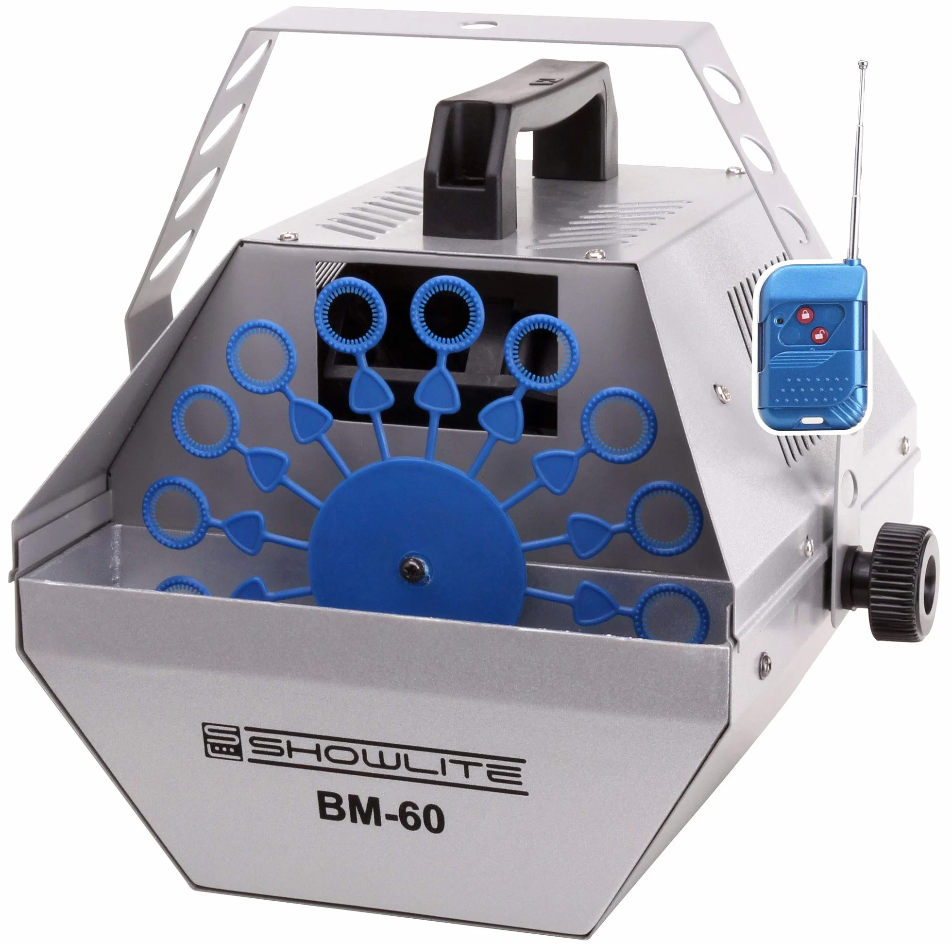 Showlite BM-60 Macchina per Bolle di Sapone 60W con Telecomando Wireless (Serbatoio 0,6l, 2-3 Ore di Funzionamento a Serbatoio Pieno, Effetto Party, Disco Bubbles) argento