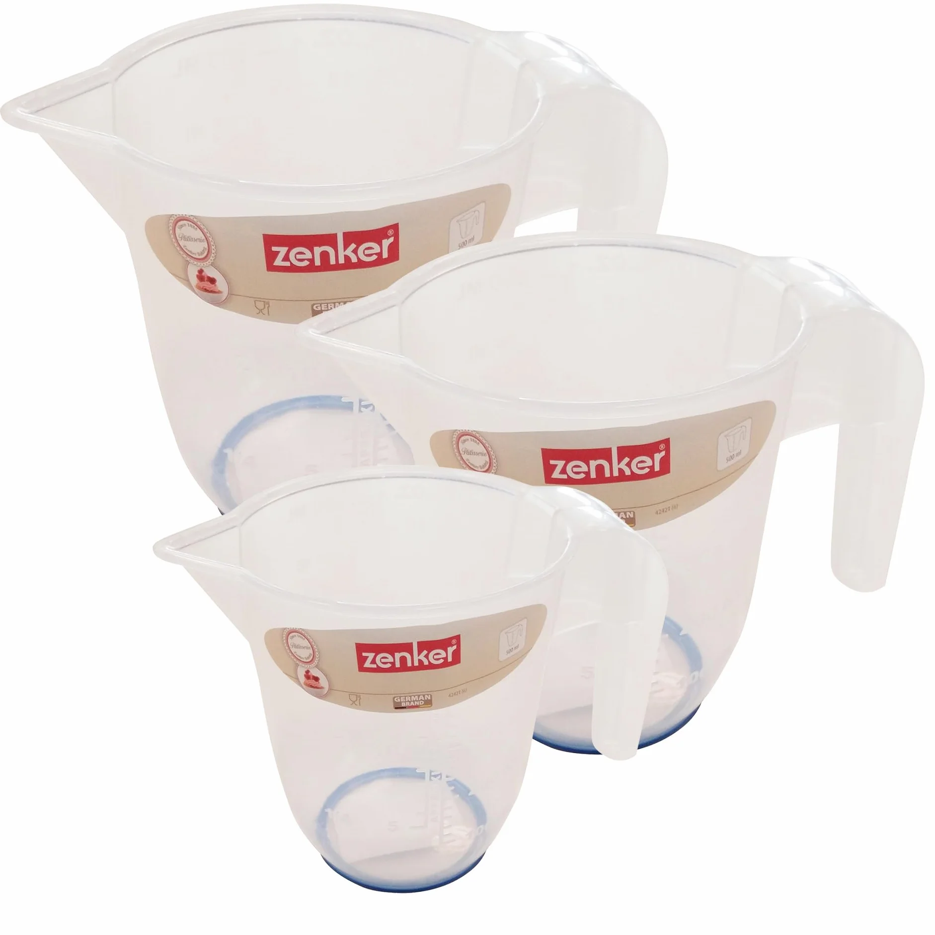 Zenker Set 3 Caraffe Graduate in Plastica Alimentare Trasparente - 0.5 Litri, 1 Litro e 2 Litri - Brocche da Cucina Resistenti al Calore per Misurare Liquidi, Impasti, Cottura