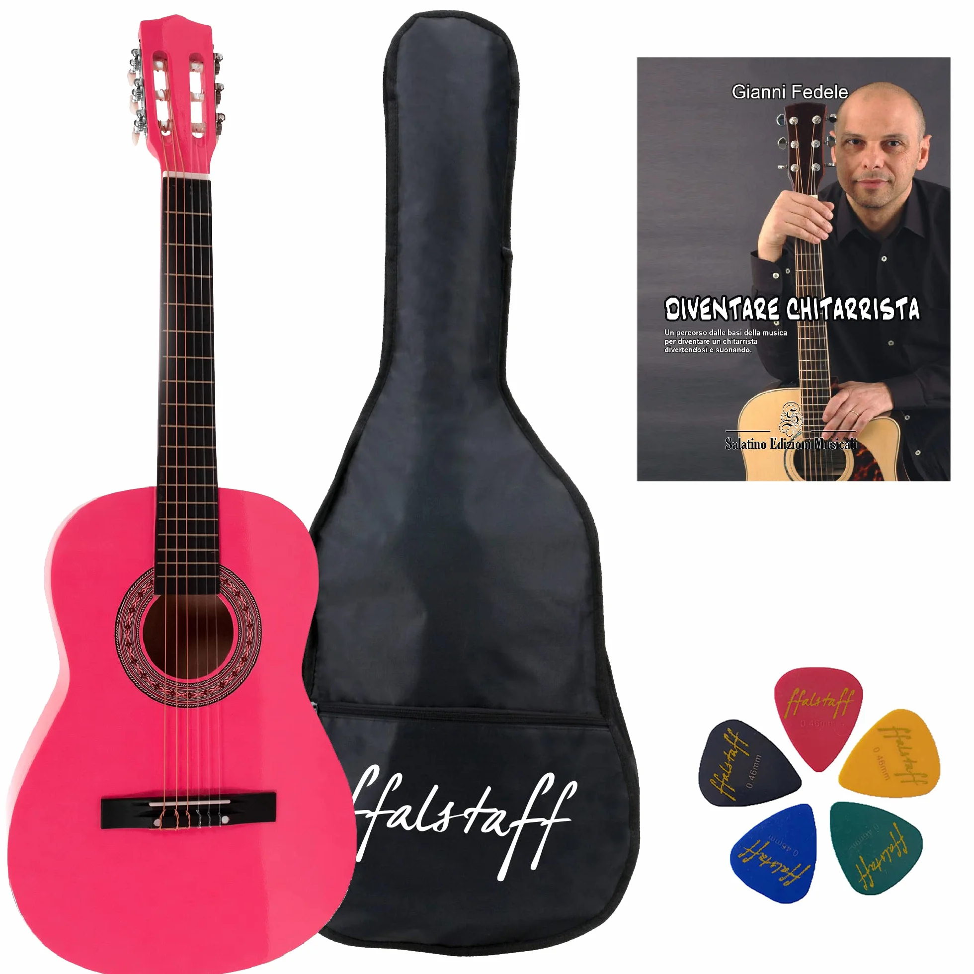 Pack Chitarra Classica Yukawa in Legno - Pensato per il Primo Approccio allo Strumento, con Borsa, Libro "Diventare Chitarrista" e 5 plettri in ABS in Omaggio (86cm, Color Rosa)
