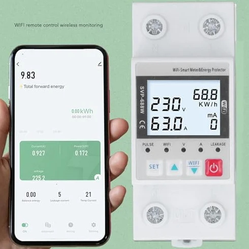 Dispositivo di Protezione da Sovratensione e Sottotensione WiFi, 230V 50/60Hz, Telecomando, 63A, Stabilizzatore di Tensione Regolabile
