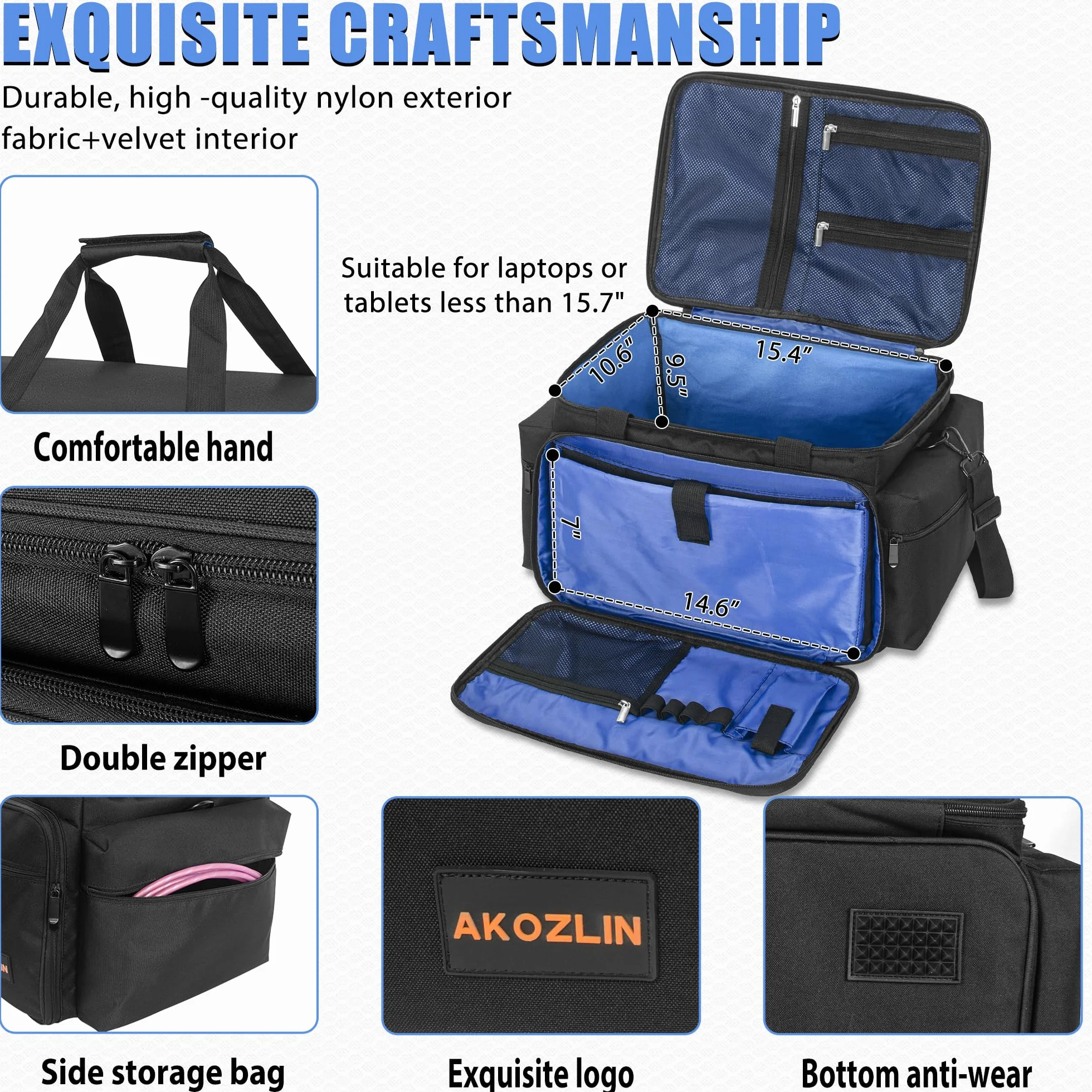 AKOZLIN Borsa per file da DJ con divisori staccabili e tasche inferiori per cavi per musicisti, borsa da viaggio per laptop da 15", attrezzatura professionale per DJ, strumenti audio e accessori per