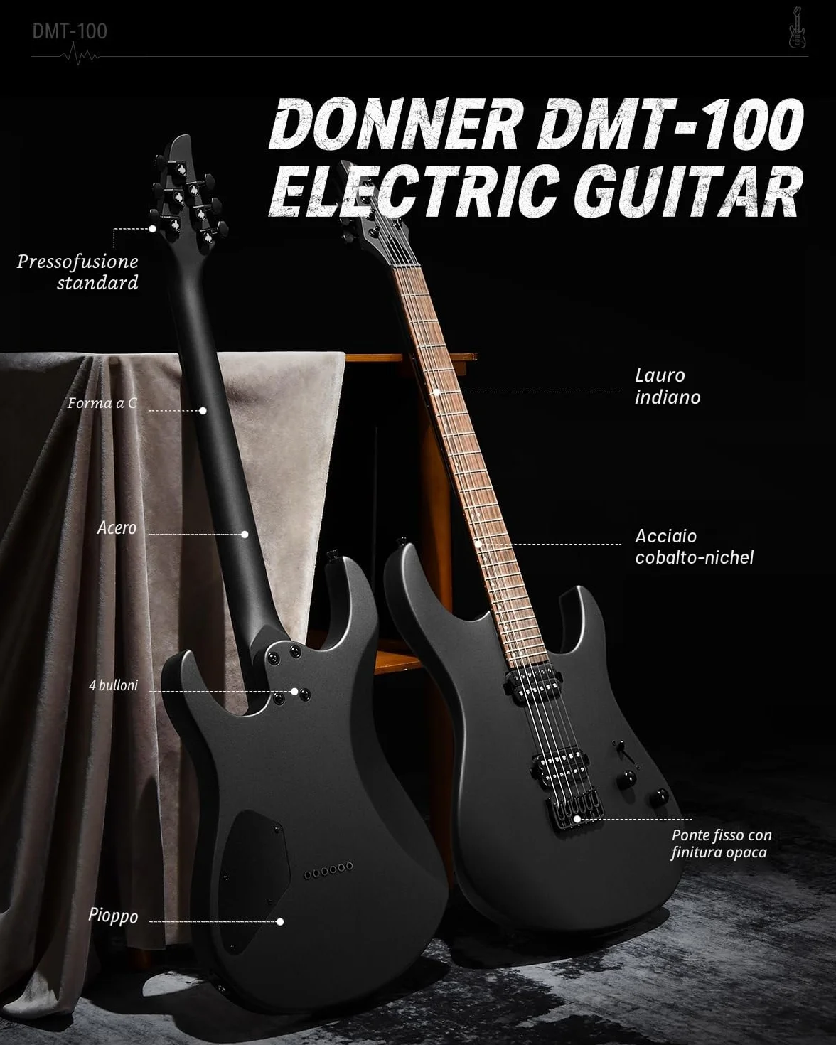 Donner Solid Body - Chitarra elettrica “DMT-100”, 39 pollici, in metallo, con pickup H-H, borsa, corde, cinghia, cavo, smorzatore, per gli amanti della musica rock (in nero)