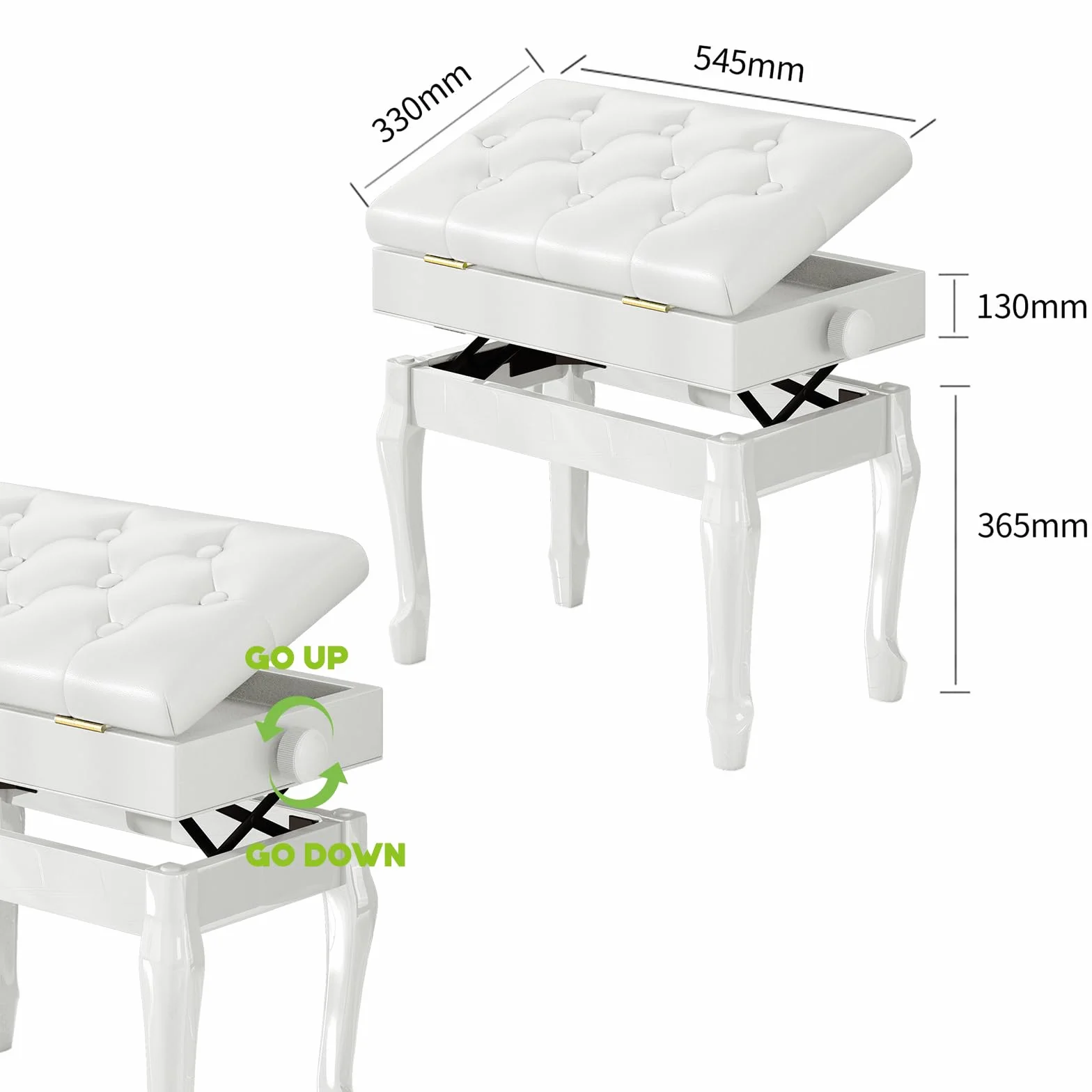 Sgabello per pianoforte, panca per pianoforte a 10 bottoni in pelle sintetica ispessita, panca per pianoforte regolabile in altezza in legno massello con gambe curve, sgabello bianco con