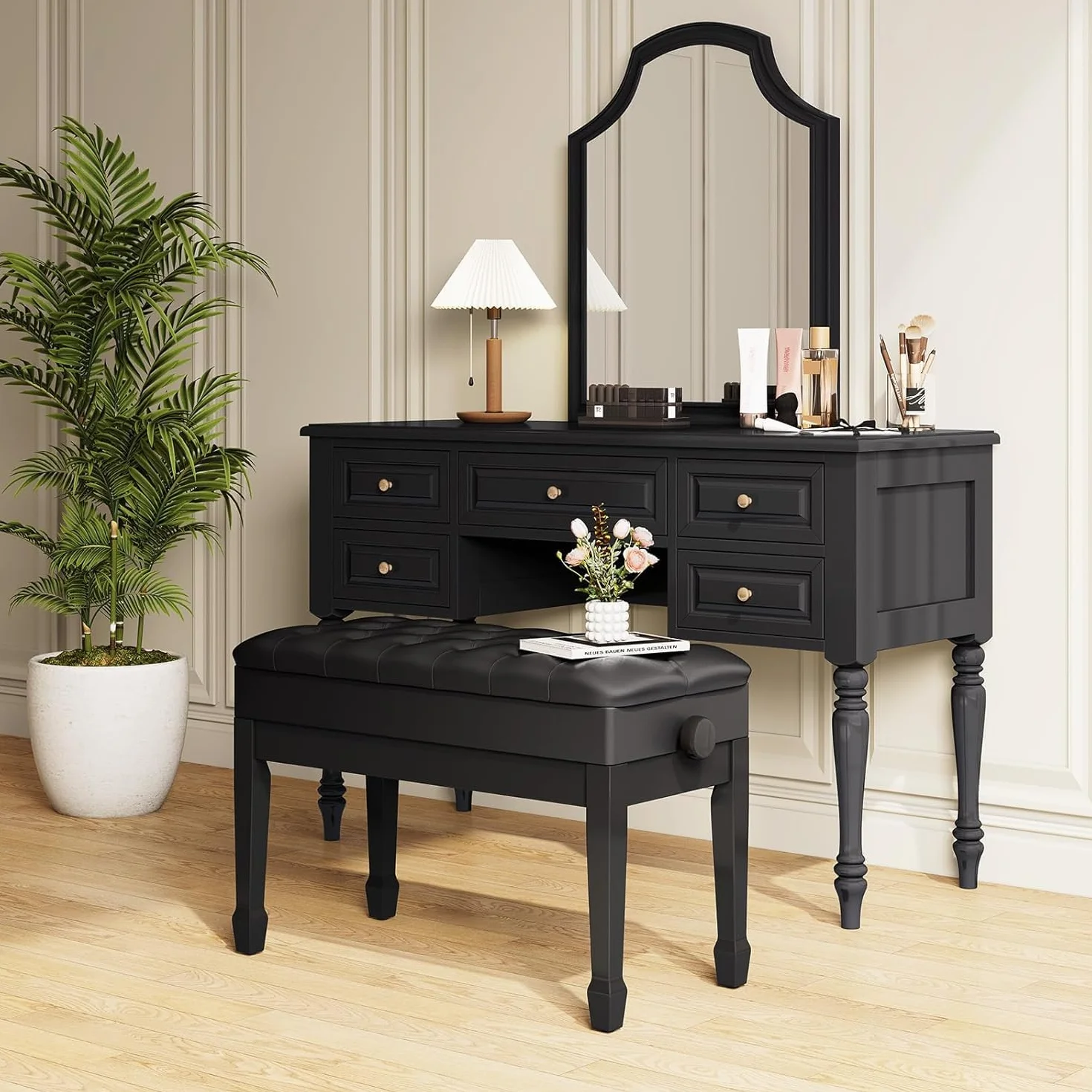 LIFERUN Sgabello per Pianoforte Regolabile 50-58 cm, Panca Pianoforte con Vano Portaoggetti, Sgabello Pianoforte per Duetto in Pelle PU Ispessita con Gambe Curve in Legno, Nero