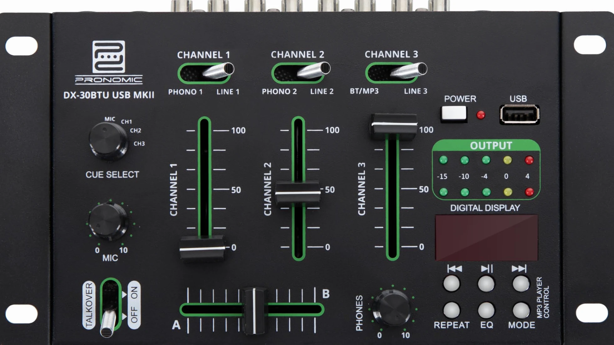 Pronomic DX-30BTU USB MKII DJ-Mixer con Bluetooth, Mixer DJ a 3 canali | Interfaccia Bluetooth integrata, Ultraglide fader super morbidi da 45mm, Funzione Cue, Design a bassissimo rumore