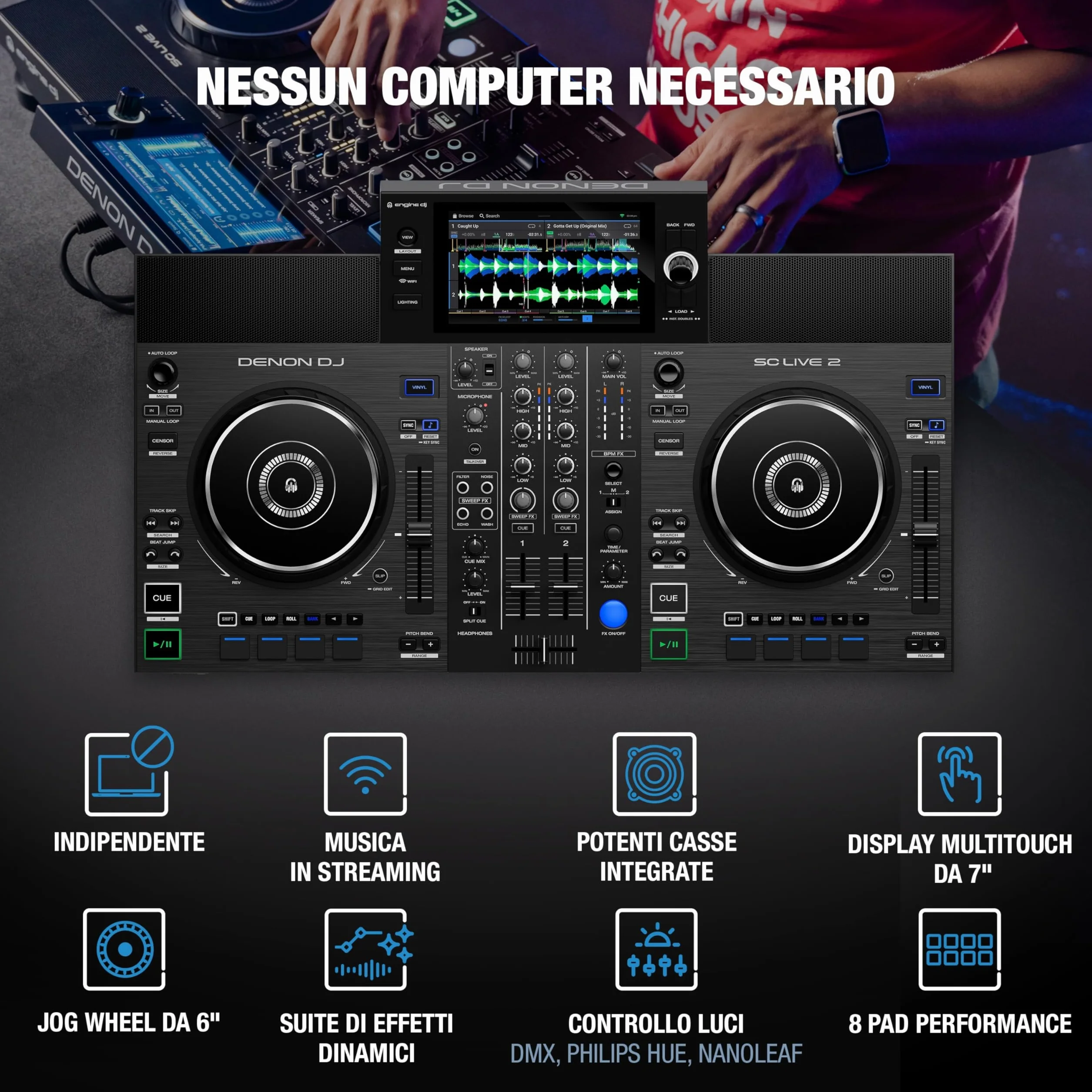 Denon DJ SC LIVE 2 – Console DJ con streaming da Amazon Music, Schermo Touch da 7”, Wi-Fi, casse, supporto per Serato DJ & Virtual DJ