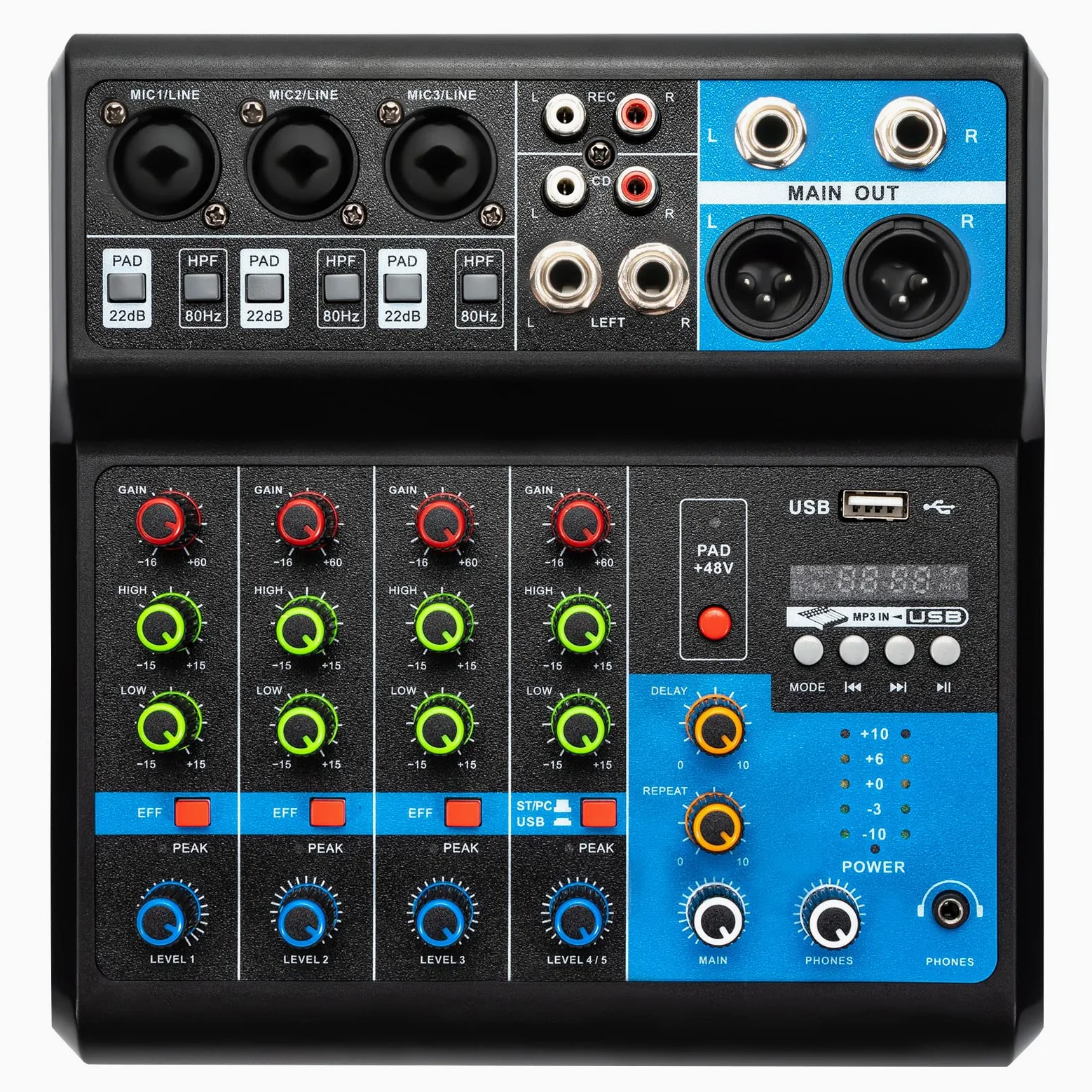 Mixer audio Soundboard, mixer audio a 5 vie con USB, Bluetooth, alimentazione phantom stereo, potenziometro, interfaccia loto per podcasting, spettacoli dal vivo
