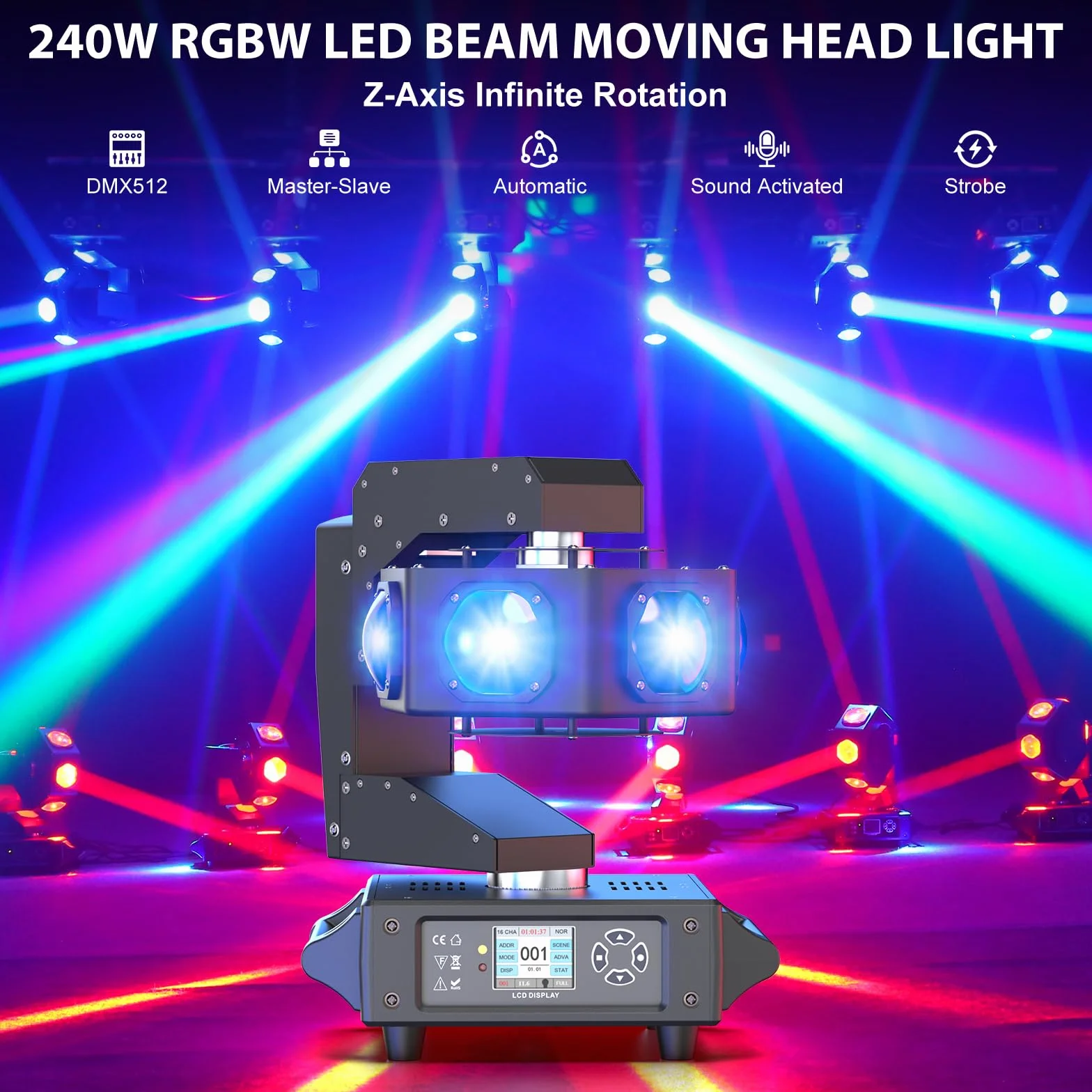 240W Teste Mobili Beam Luci Discoteca LED RGBW 3 assi Luce Rotazione infinita Faretto Moving Head per DJ Discoteca Natale Club Spettacolo Bar Festa Palcoscenico